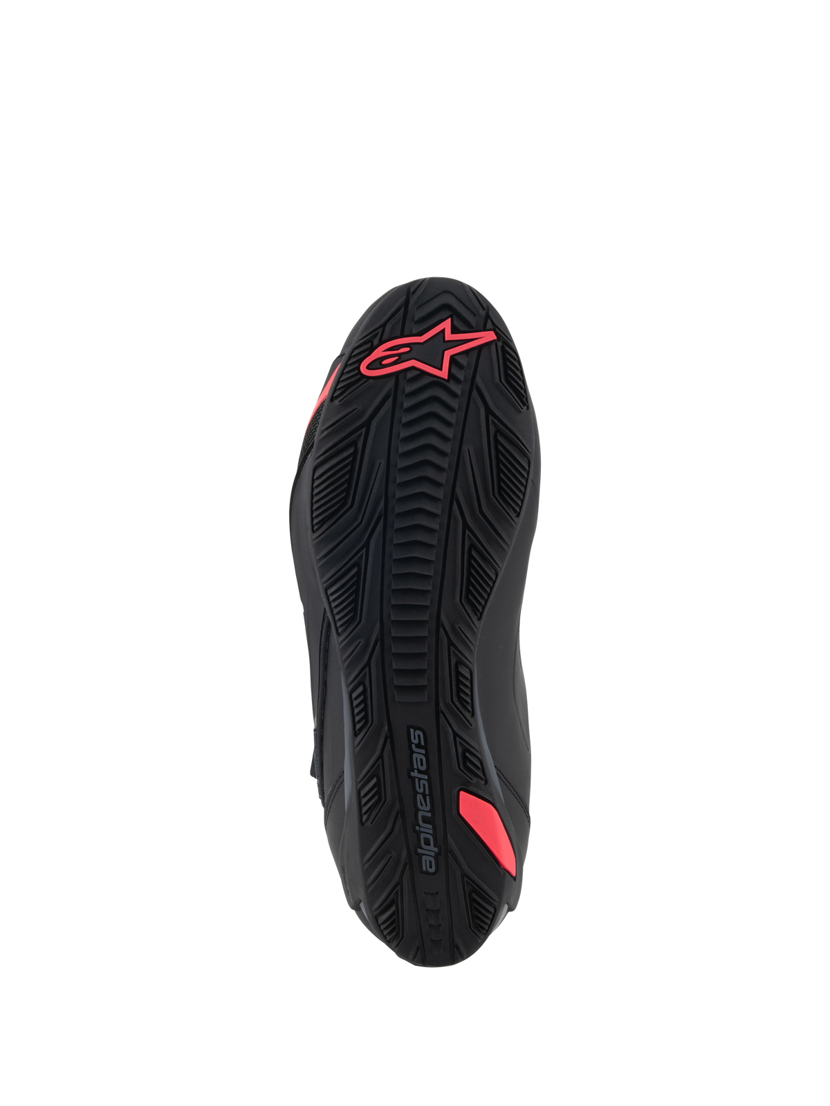 Alpinestars Stella Faster-4 Schuhe, Sohlenansicht von unten, Schwarz und Diva Pink, mit strukturiertem Gummiprofil, Alpinestars-Logo an der Ferse, integrierte Verstärkung für Halt, strapazierfähige Außensohle für das Motorradfahren