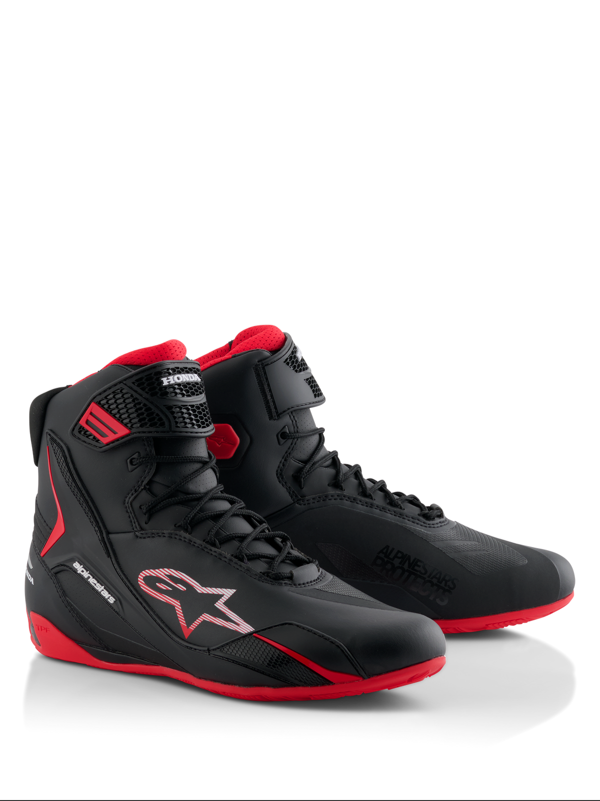 Alpinestars Honda Faster-4 schoenen, motorrijschoenen, zwart en rood, gestroomlijnd hoog ontwerp met vetersluiting en enkelband, voorzien van rode zolen en Alpinestars- en Honda-branding
