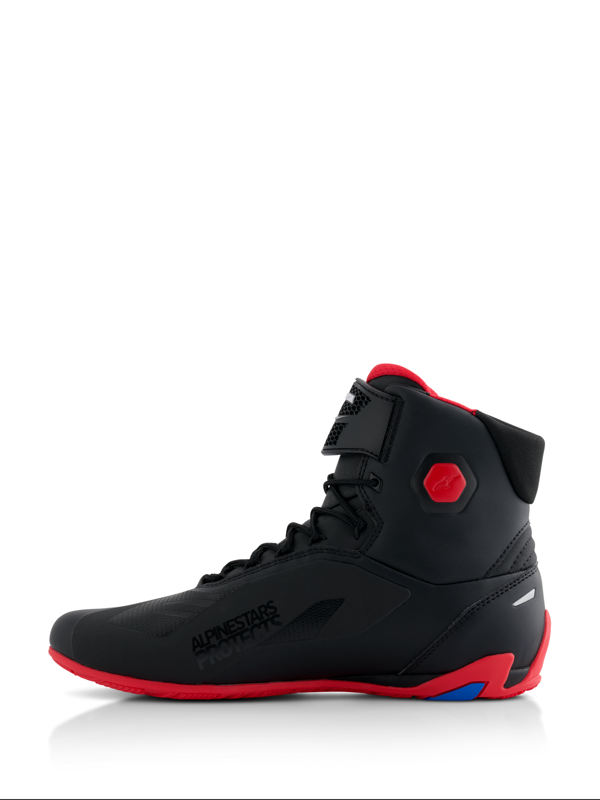 Alpinestars Honda Faster-4 Shoes, Motorcycle Riding Shoes, Black and Red, side profile view, featuring a bright red sole and hexagonal ankle protector, high-top sneaker style with lace closure and hook-and-loop strap, 'Alpinestars Protects' branding, sleek performance footwear for road riding