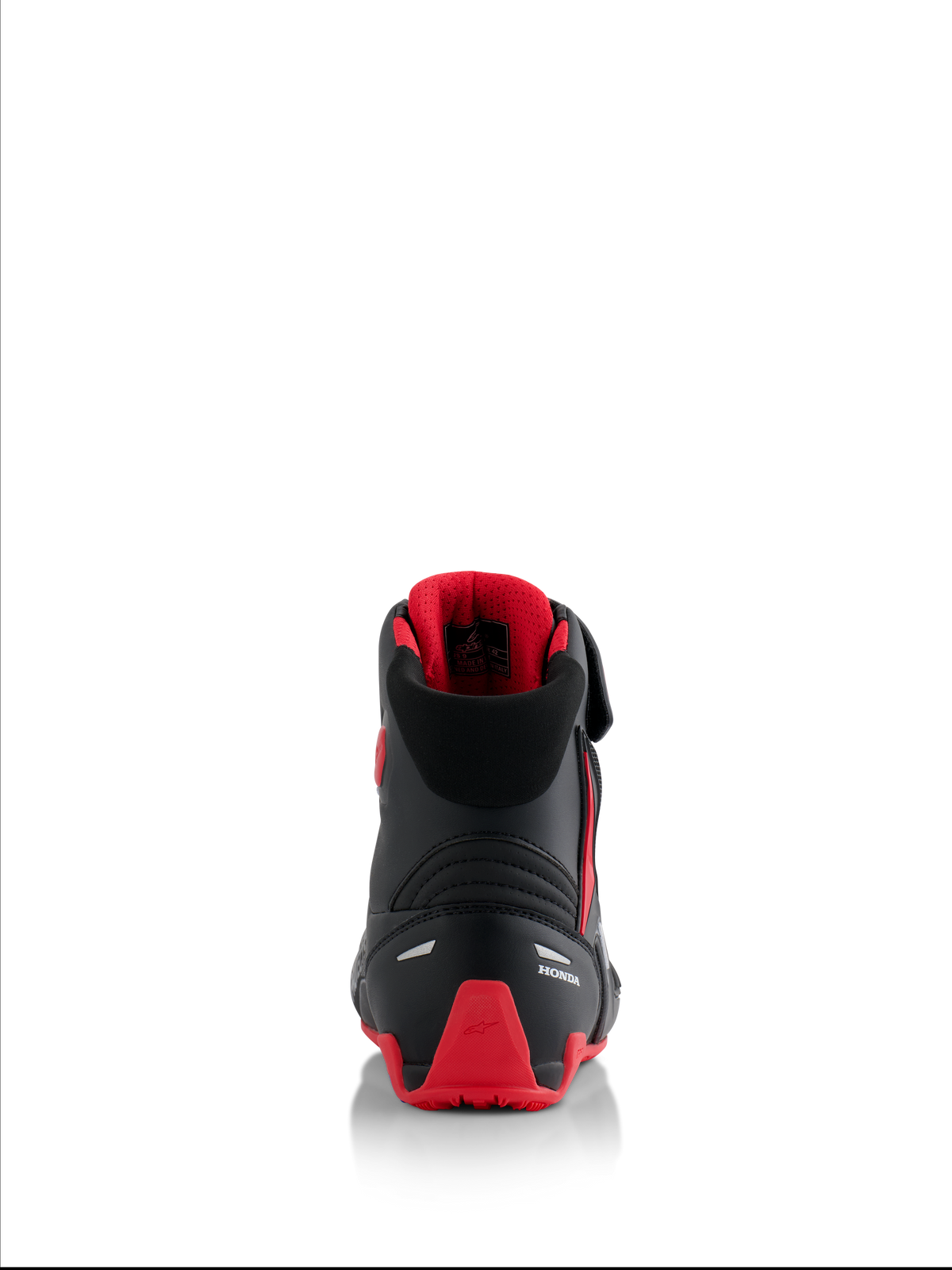 Alpinestars Honda Faster-4 Shoes, motorcycle riding shoes, Black and Red, rear view showing white Honda branding and red TPU heel counter, padded collar with red mesh lining, reflective accents for safety