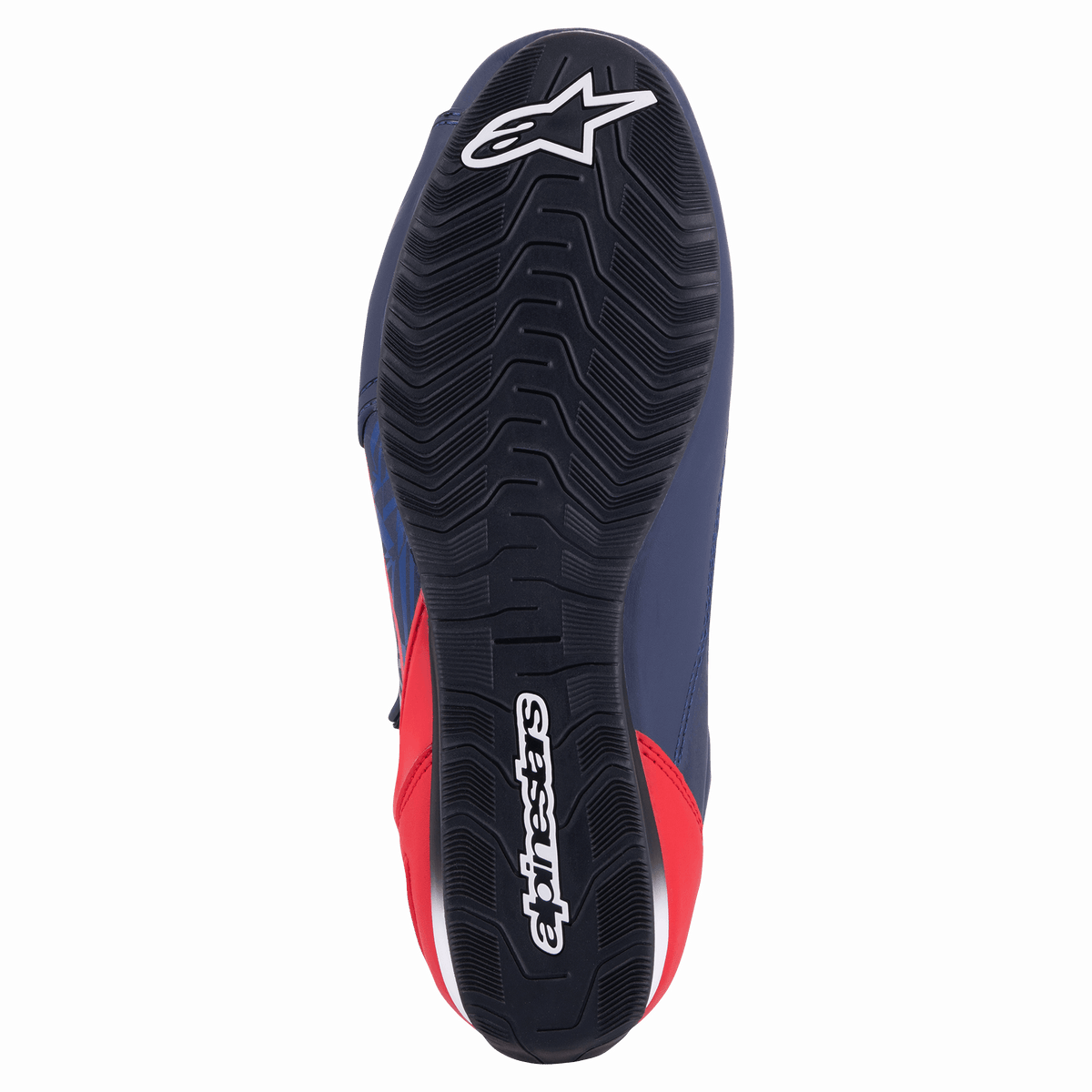 Alpinestars Austin Riding Shoe, Night Navy und Bright Red, Ansicht von unten zeigt schwarze Gummiaußensohle mit strukturiertem wellenförmigem Profil und weißem Alpinestars-Branding