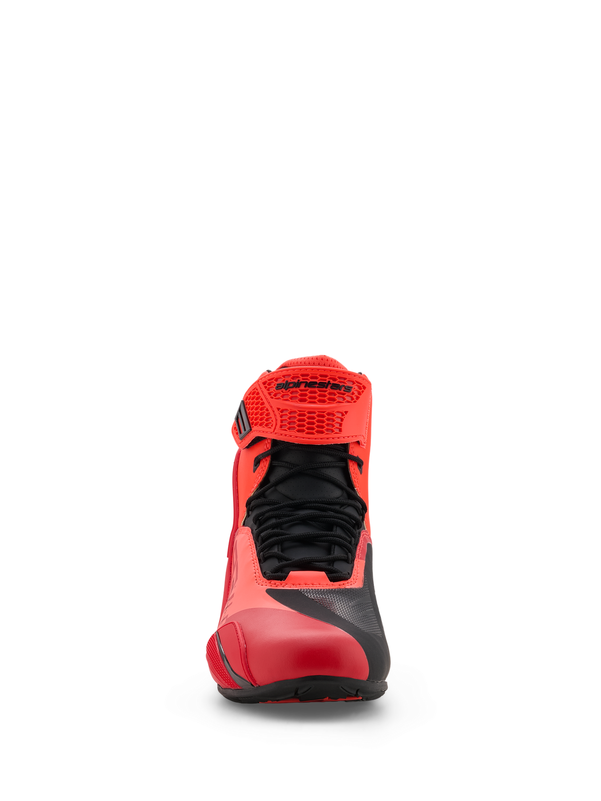 Chaussures Alpinestars MM93 Faster-4, chaussures de moto, rouge fluo et rouge vif avec des accents noirs, vue de face présentant des lacets noirs, une sangle réglable en TPR rouge avec le logo Alpinestars et une construction en microfibre légère.