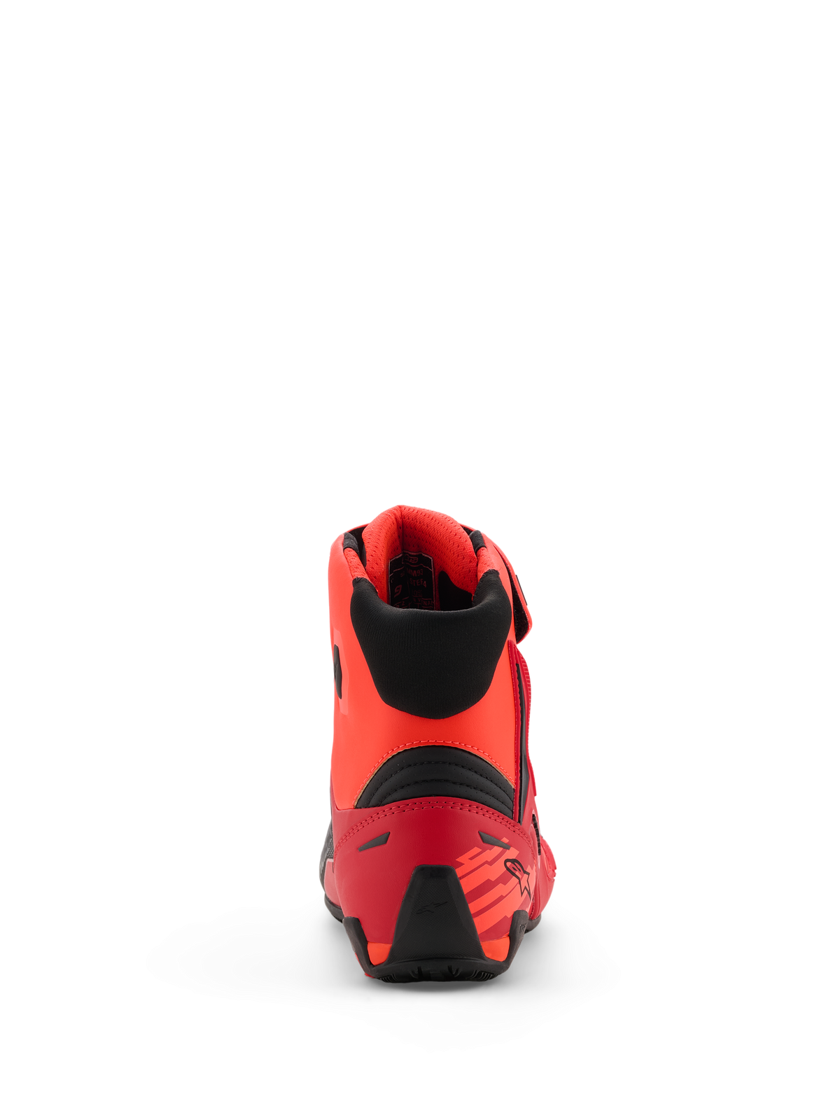 Chaussures Alpinestars MM93 Faster-4, chaussures de moto, rouge fluo, rouge vif et noir, vue arrière montrant le contrefort de talon en TPR et le col en textile noir, design ergonomique avec des accents inspirés de la course
