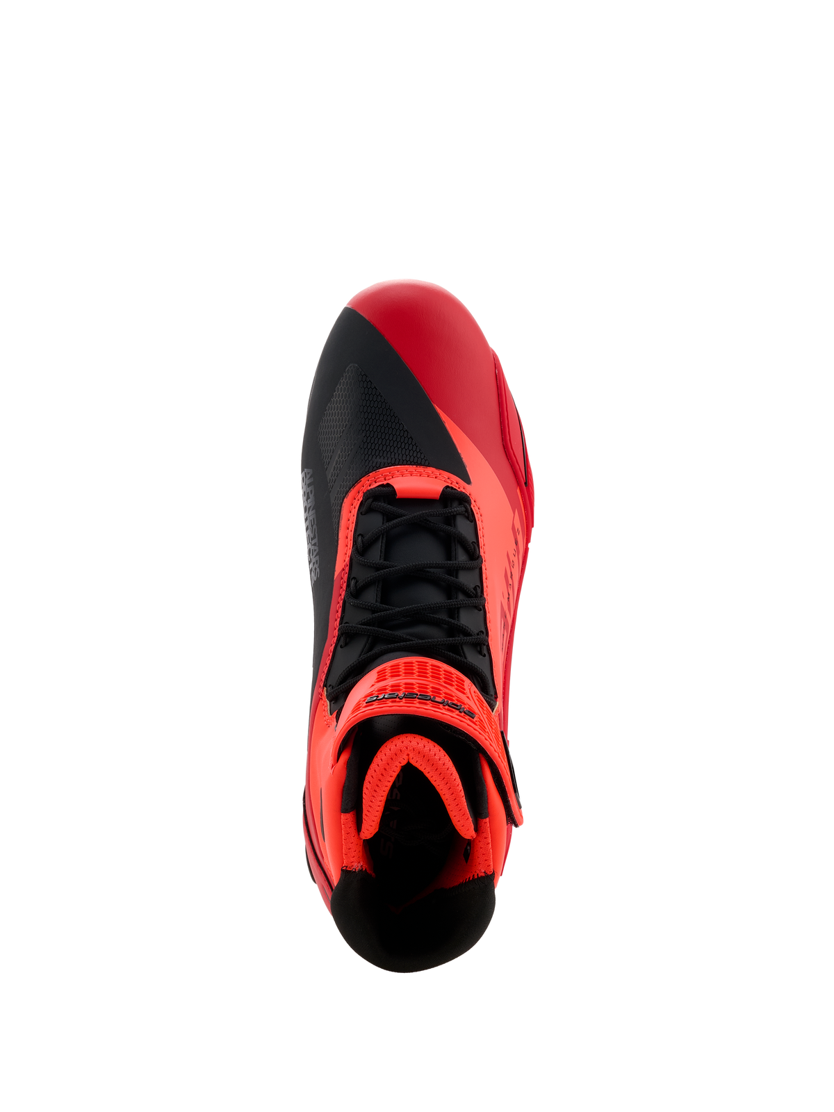 Chaussures Alpinestars MM93 Faster-4, chaussures de moto, rouge fluo, rouge vif et noir, vue de dessus présentant des lacets noirs et une sangle à crochet et boucle rouge, design asymétrique de la pointe et intérieur rembourré pour la conduite sportive.