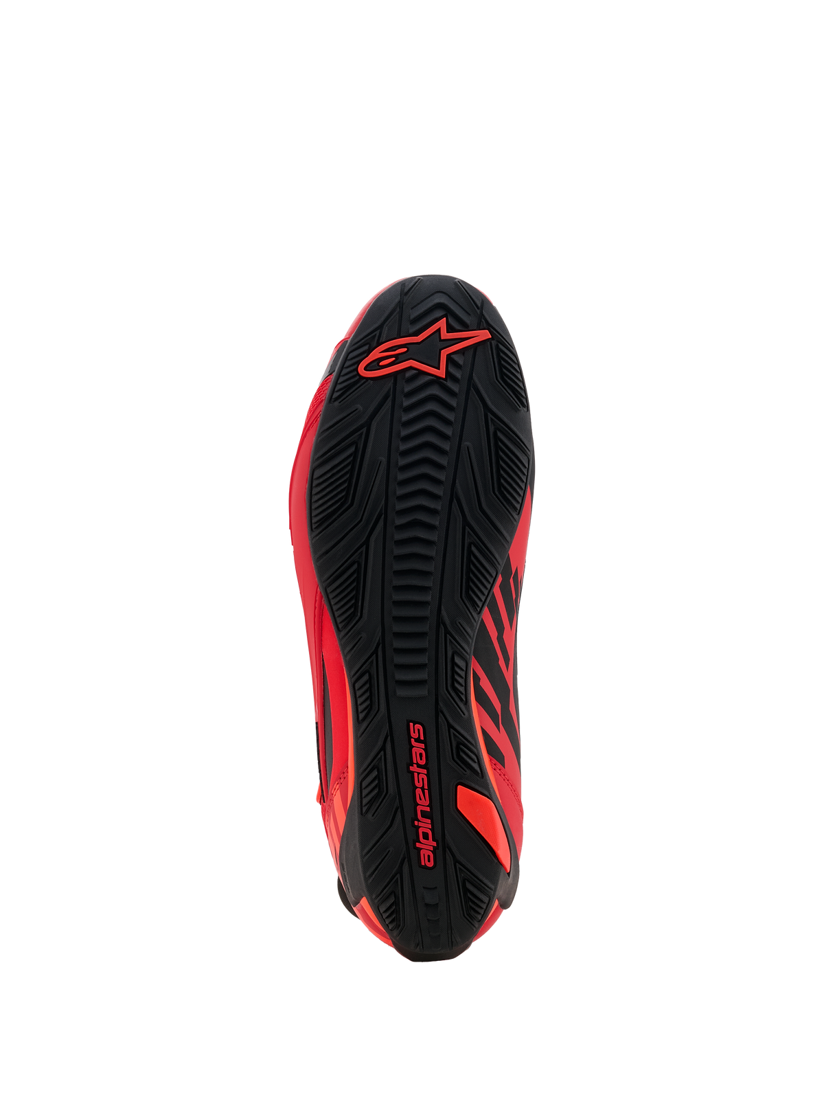 Chaussures Alpinestars MM93 Faster-4, chaussures de moto, rouge fluo, rouge vif et noir, vue de la semelle extérieure montrant le motif d'adhérence en caoutchouc texturé, avec logo Alpinestars rouge sur le talon et l'avant-pied, design de chaussures de sport et de course haute performance