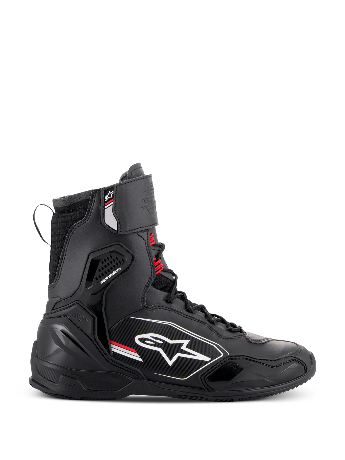 Alpinestars Superfaster schoenen, hoge motorrijschoenen in zwart, grijs en felrood, zijaanzicht met een wit Alpinestars-logo, rode veteraccenten en geïntegreerde beschermende panelen voor enkel- en hielondersteuning.