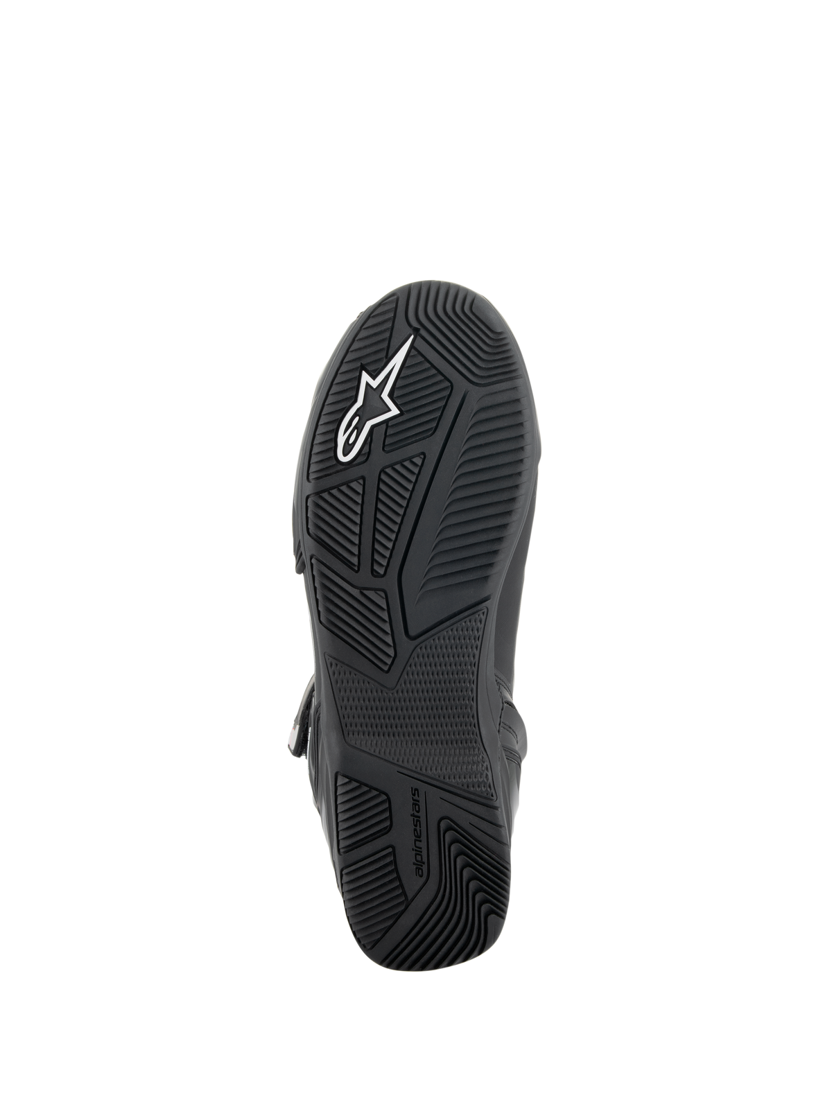 Alpinestars Superfaster schoenen, onderaanzicht van de zool, zwarte rubberen buitenzool met technisch ontworpen grip-patronen in meerdere richtingen, wit Alpinestars-logo en reliëfopdruk, technisch schoeisel voor motorrijden