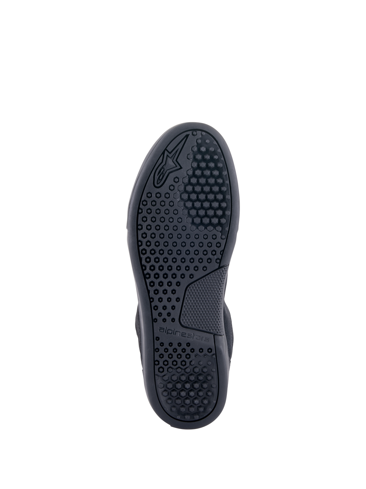 Alpinestars Chrome Schuhe, Sohlenansicht, Schwarz, mit fortschrittlicher Gummimischung-Cup-Sohle, hexagonalem Grip-Muster und Alpinestars-Branding, urbane Motorradschuhe
