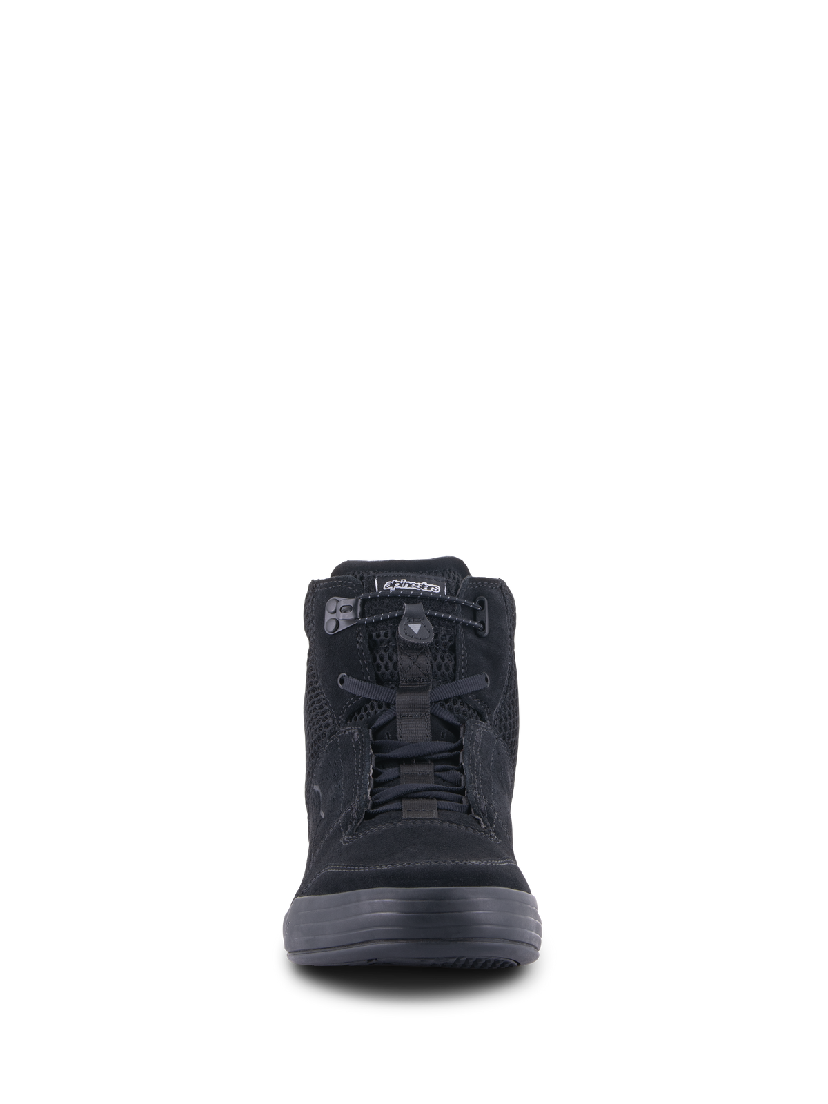 Alpinestars Chrome Air schoen, urban motorrijschoen, zwart, vooraanzicht met bovenwerk van gespleten suède en mesh, elastische vetersluiting en casual high-top sneakerontwerp