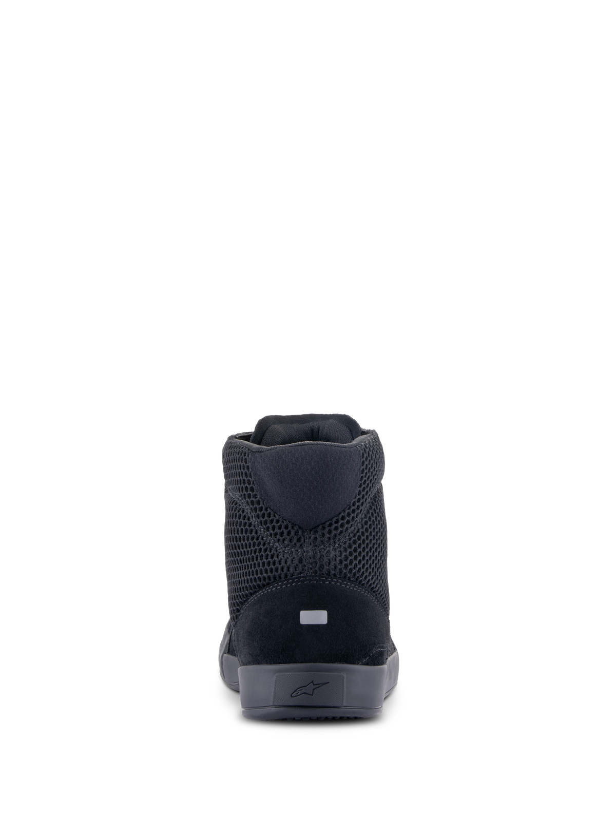 Alpinestars Chrome Air schoen, motorschoen, zwart zwart, achteraanzicht met ademend mesh en bovenwerk van gespleten suède, reflecterend hieldetail en casual stedelijk beschermend schoenontwerp