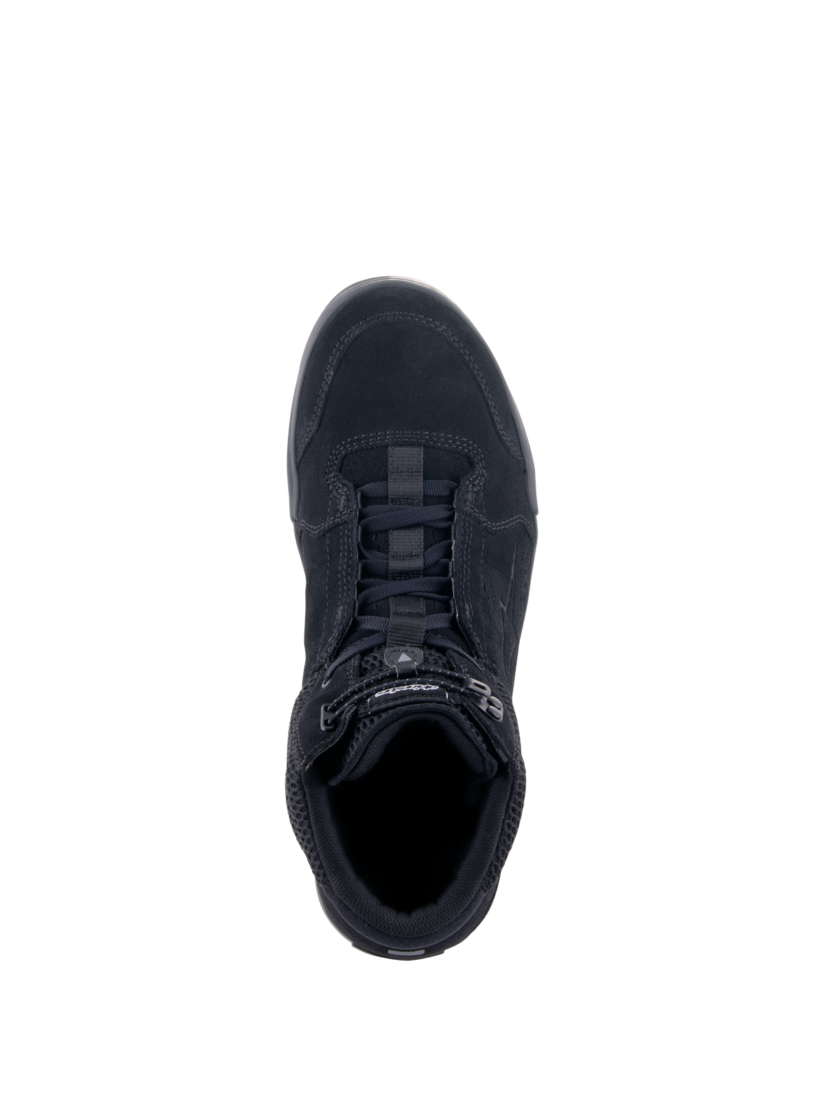 Alpinestars Chrome Air schoen, stedelijke motorschoen, zwart zwart, bovenaanzicht met bovenwerk van gespleten suède en mesh, vetersysteem met elastische sluiting, casual sneakerontwerp voor stedelijk woon-werkverkeer