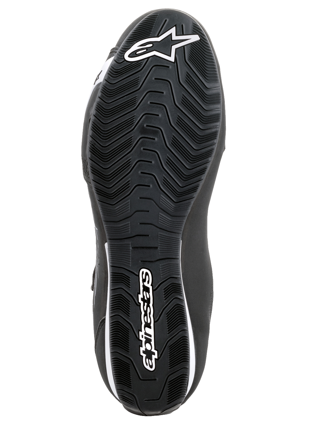 Alpinestars Sektor schoenen, motorschoenen, zwart en wit, onderaanzicht van de getextureerde rubberen zool met gegolfd profielpatroon, voorzien van wit Alpinestars logo en stersymbool.