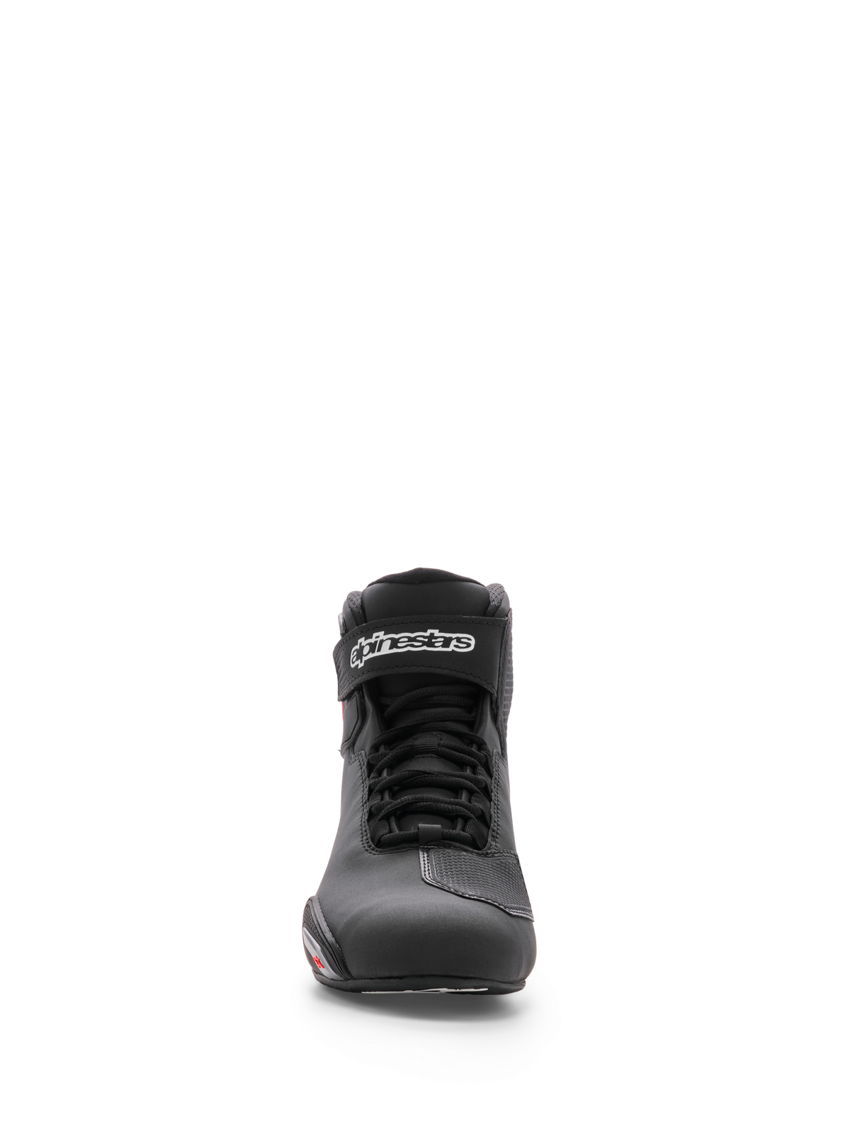 Alpinestars Sektor schoen, motorschoen, zwart, vooraanzicht met microvezel chassis, snelvetersysteem en enkelband met wit Alpinestars-logo, strak atletisch design voor op de weg