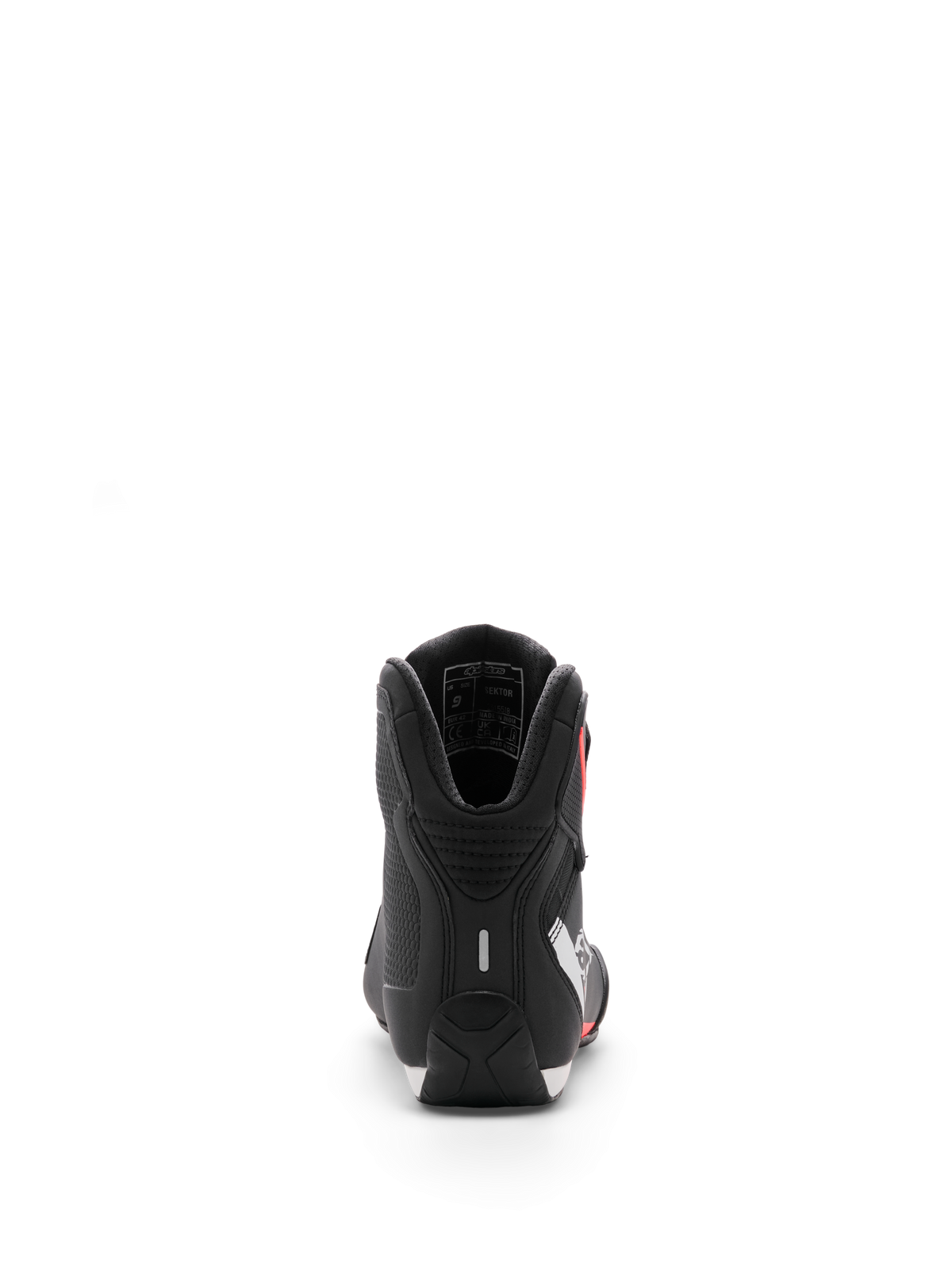 Alpinestars Sektor Schoen, motorschoenen, zwart wit rood fluo, achteraanzicht met focus op de hiel en interne enkelvulling, strakke microvezelafwerking voor sport- en weggebruik