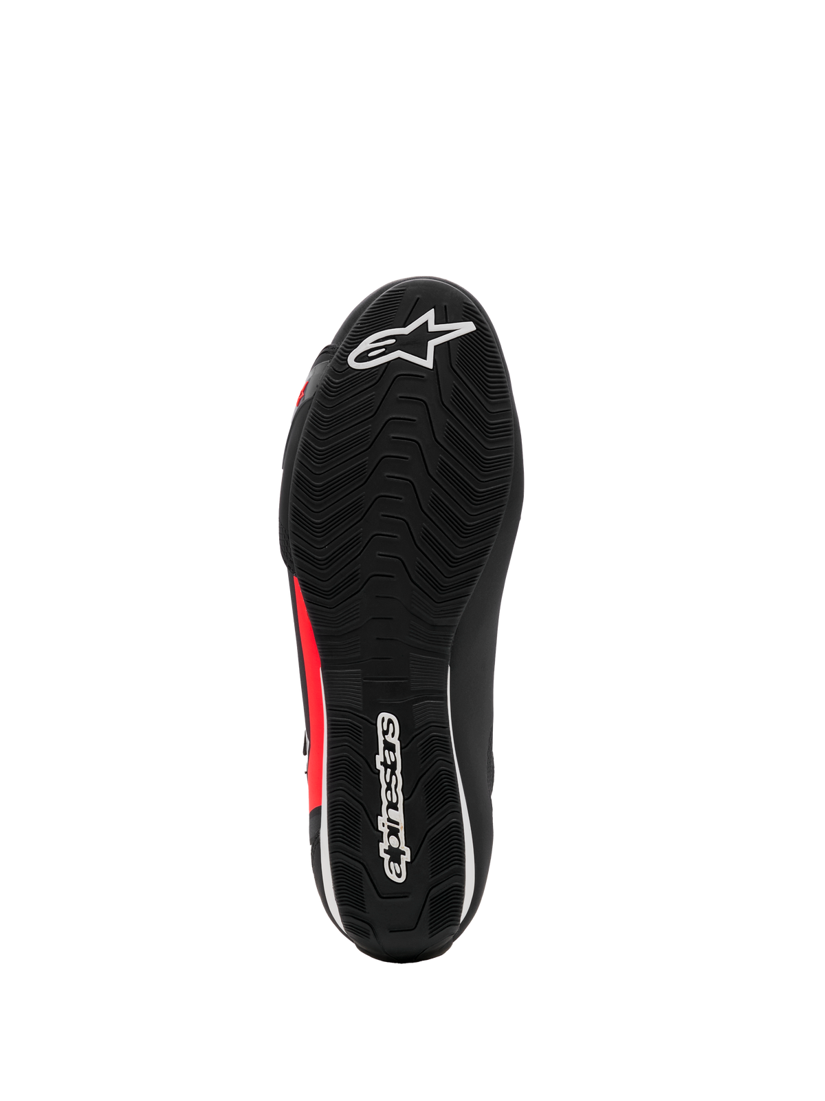 Alpinestars Sektor schoen, motorschoenen, zwart, wit en fluo rood, onderaanzicht met getextureerde rubberen zool met witte logo's en rode accenten, lichtgewicht ontwerp voor motorrijden op de weg