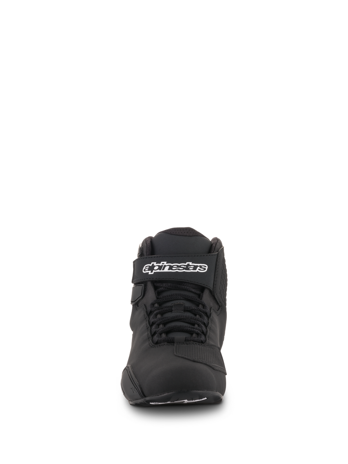 Alpinestars Sektor Shoes, Black, Front View, featuring speed lacing system and ankle strap with Alpinestars logo, lightweight microfiber motorcycle riding footwear
