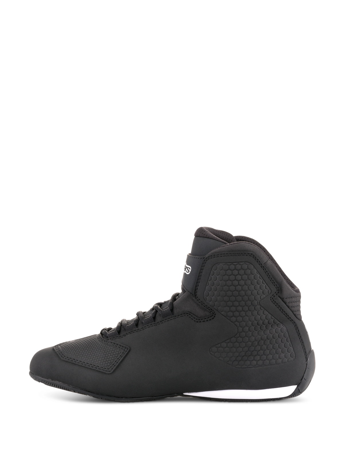 Alpinestars Sektor Shoes, Motorcycle Riding Shoes, Black, side profile view, high-top design with laces, microfiber upper, textured ankle protection, sleek racing-inspired look with white sole accent