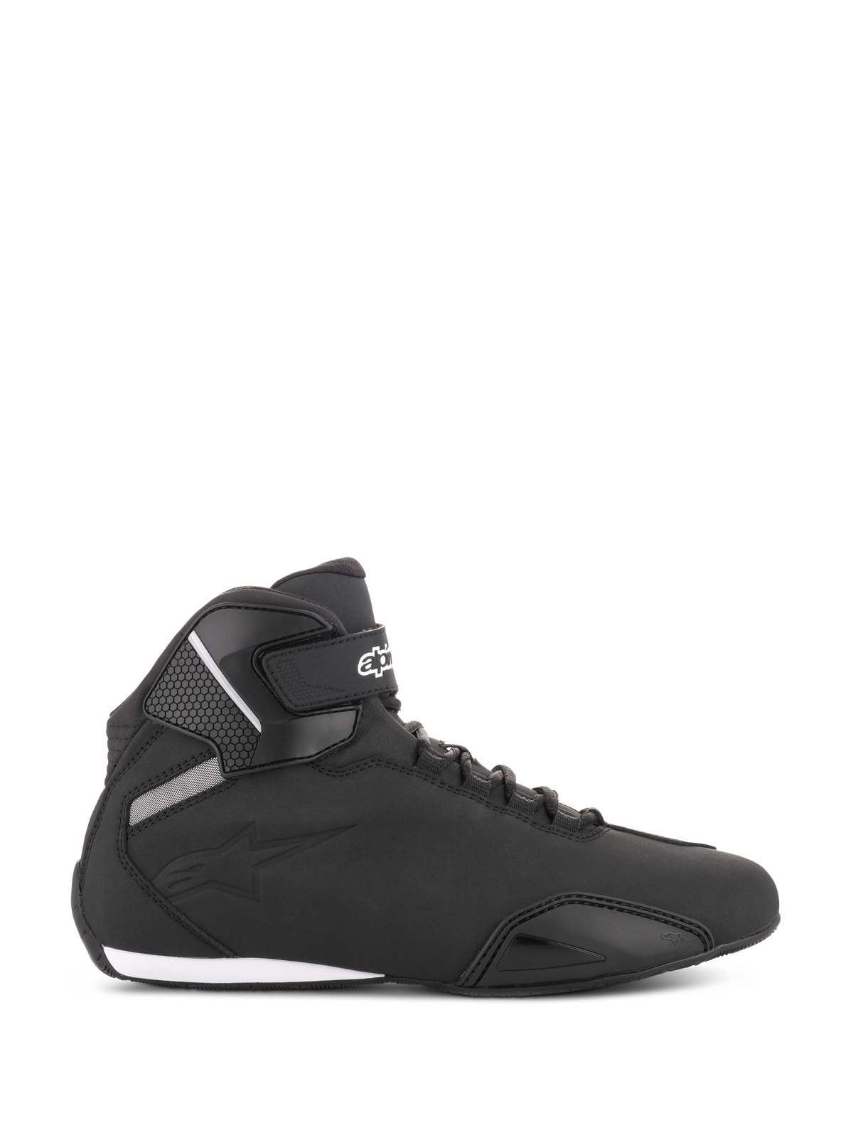 Alpinestars Sektor Shoes, Black Motorcycle Riding Shoes, side profile view, sleek high-top design with microfiber upper, ankle strap featuring white logo, speed lacing, and reinforced toe and heel areas, sport-inspired road footwear