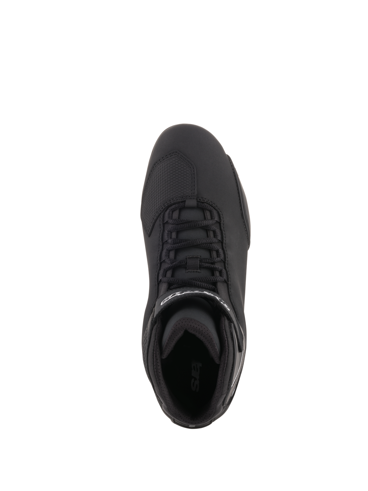 Alpinestars Sektor Shoes, Motorcycle Riding Shoes, Black, top-down view featuring speed lacing system, ankle strap with white logo, and reinforced toe area, sleek microfiber construction