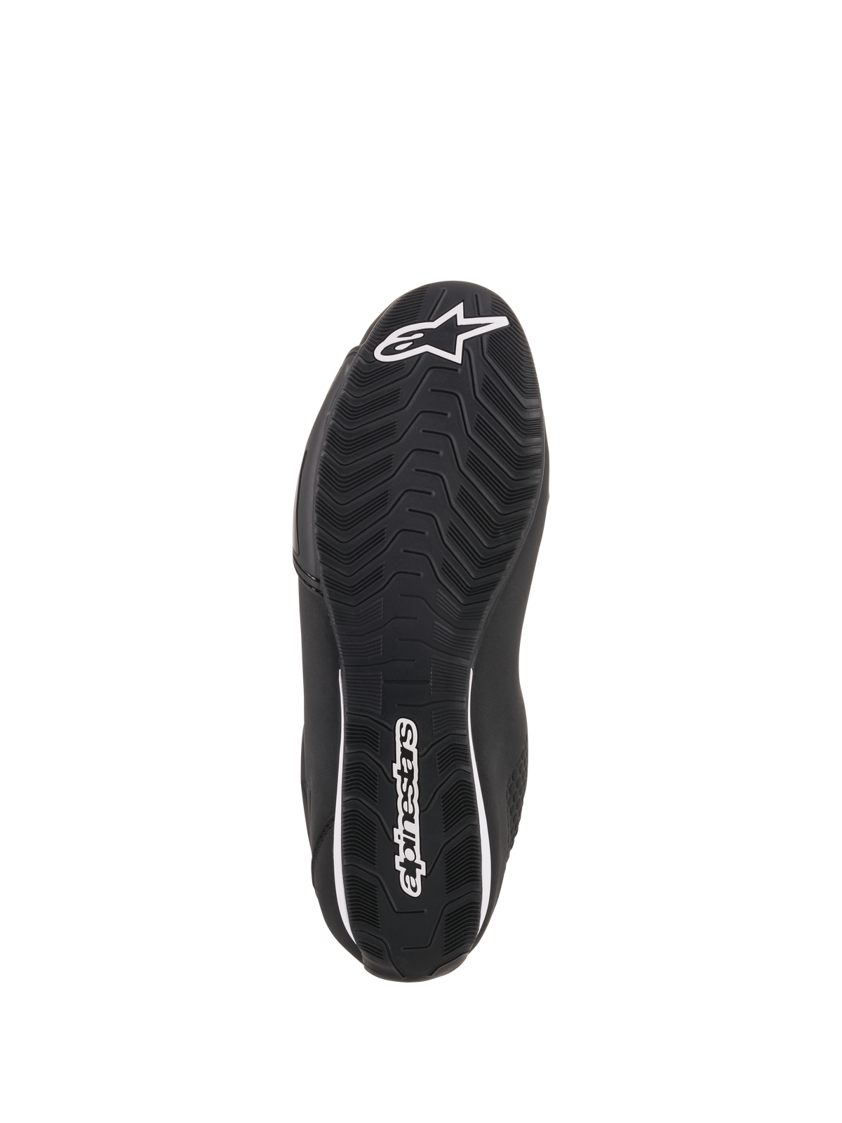 Alpinestars Sektor Shoes, Black Motorcycle Riding Shoes, bottom view showing textured rubber sole, white Alpinestars star logo on the toe and heel branding, designed for grip and durability