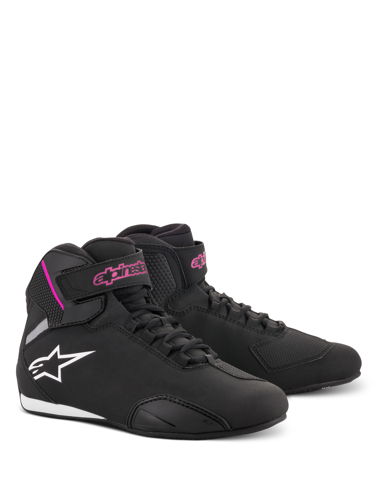 Chaussures Stella Sektor Femme Alpinestars, chaussures de moto, noir et fuchsia, construction légère en microfibre, conception montante avec lacets rapides et sangle velcro, marquage rose et logo étoile blanc, chaussures de protection sportives