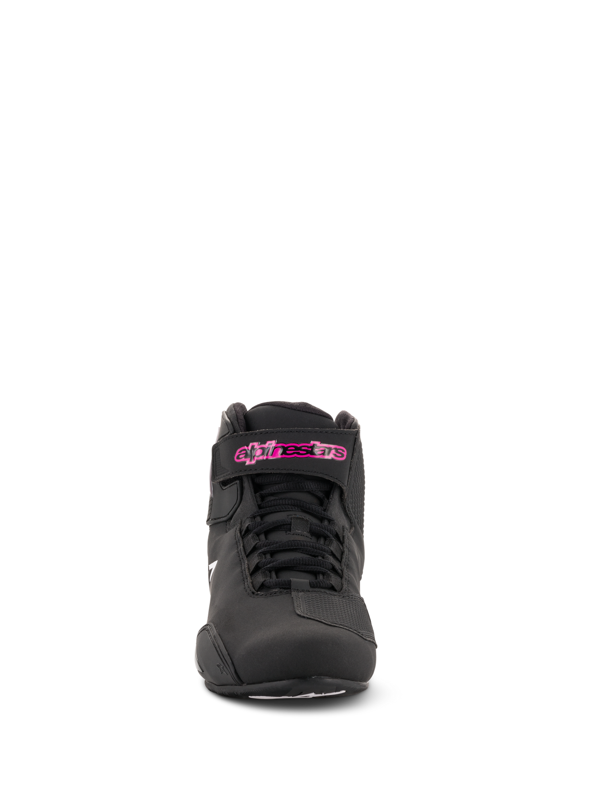 Chaussures Stella Sektor Femme Alpinestars, chaussures de moto, noir fuchsia, vue de face, construction en microfibre, lacets noirs et logo fuchsia sur la sangle de cheville, design élégant d'inspiration sportive