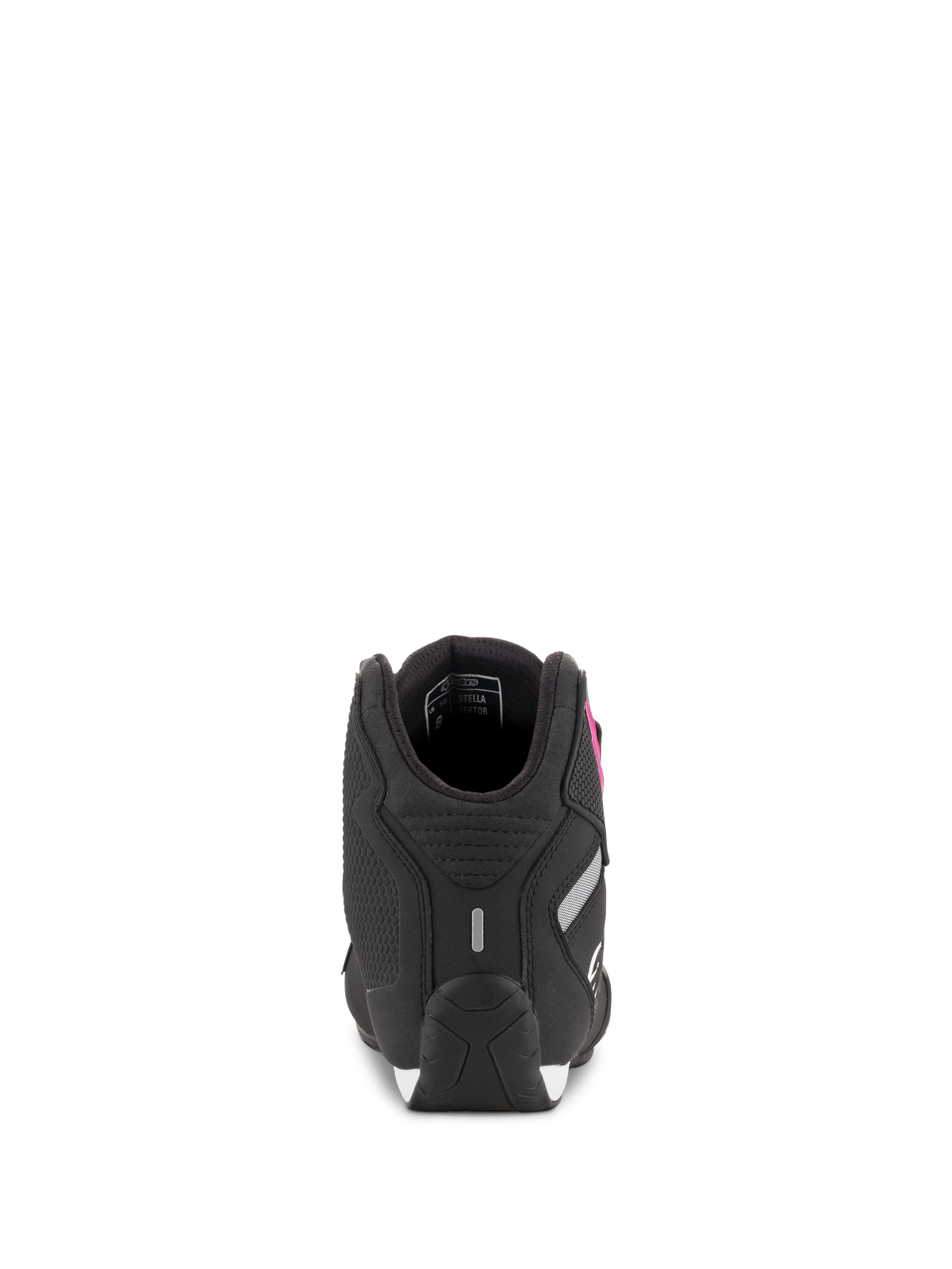 Chaussures Alpinestars Stella Sektor Femme, noir et fuchsia, vue arrière montrant la construction du talon et le détail réfléchissant, chaussures de moto en microfibre légère