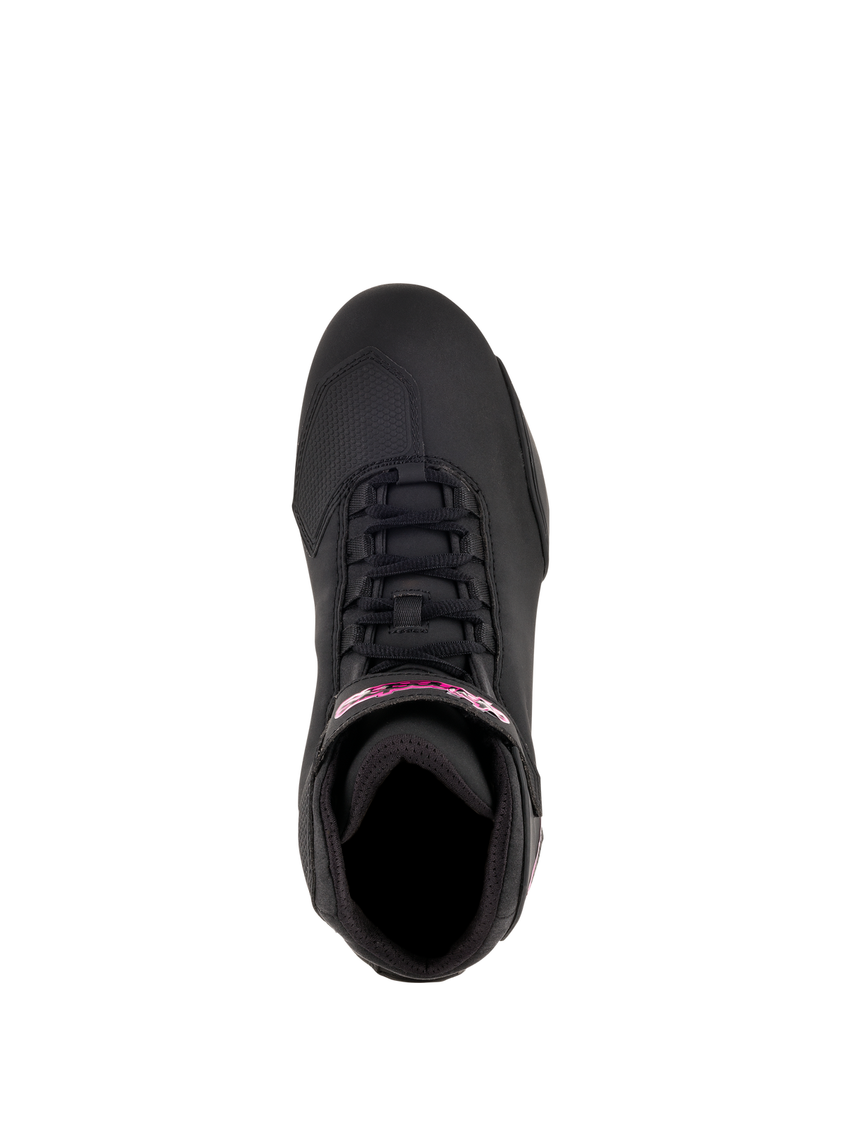 Chaussures Stella Sektor Femme Alpinestars, chaussures de moto, noir et fuchsia, vue de dessus montrant le système de laçage rapide et le logo fuchsia sur la sangle de cheville, construction en microfibre légère avec un profil sportif élégant