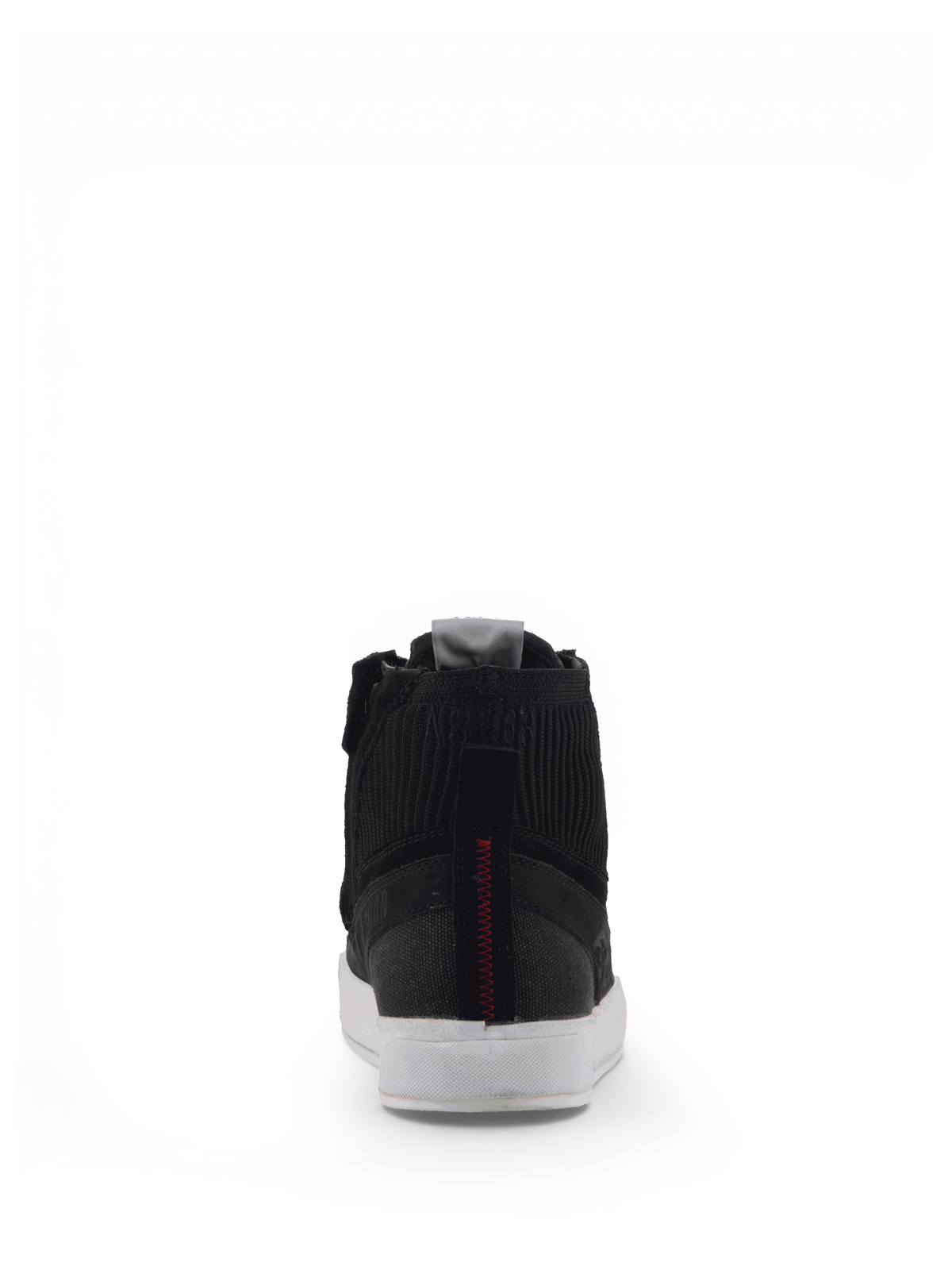 Alpinestars Stated Schoenen, urban herenmotorlaarzen in zwart nubuck en canvas met witte zool, achteraanzicht.