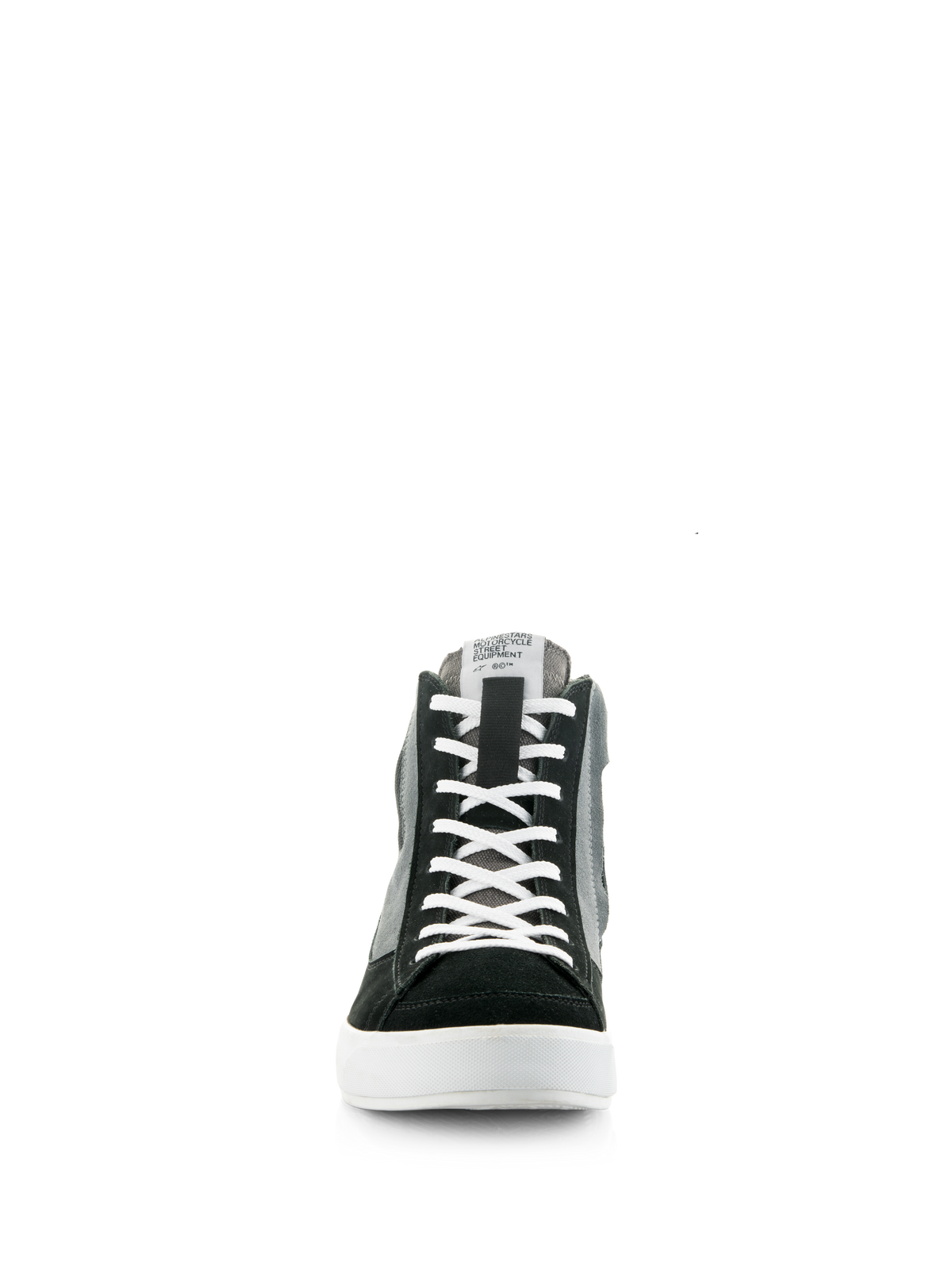 Chaussures Alpinestars Stated, noir, gris et blanc, vue de face de baskets de moto montantes, lacets blancs, bout en daim noir, empiècements en toile grise, semelle vulcanisée blanche, style urbain