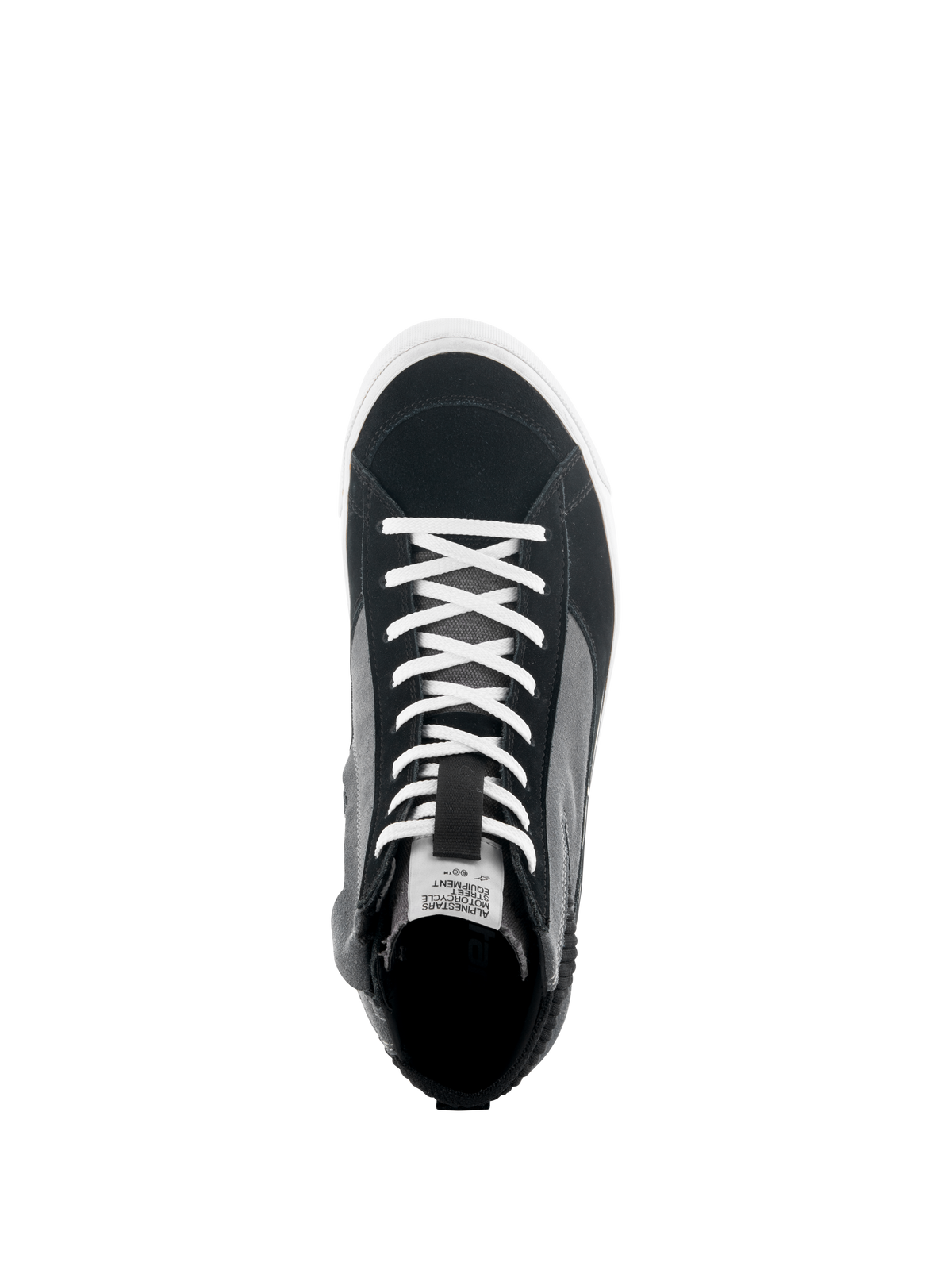 Chaussures Alpinestars Stated, vue de dessus d'une basket de moto noire, grise et blanche, avec lacets blancs, tige en daim fendu et toile, semelle vulcanisée blanche, chaussures de conduite urbaine