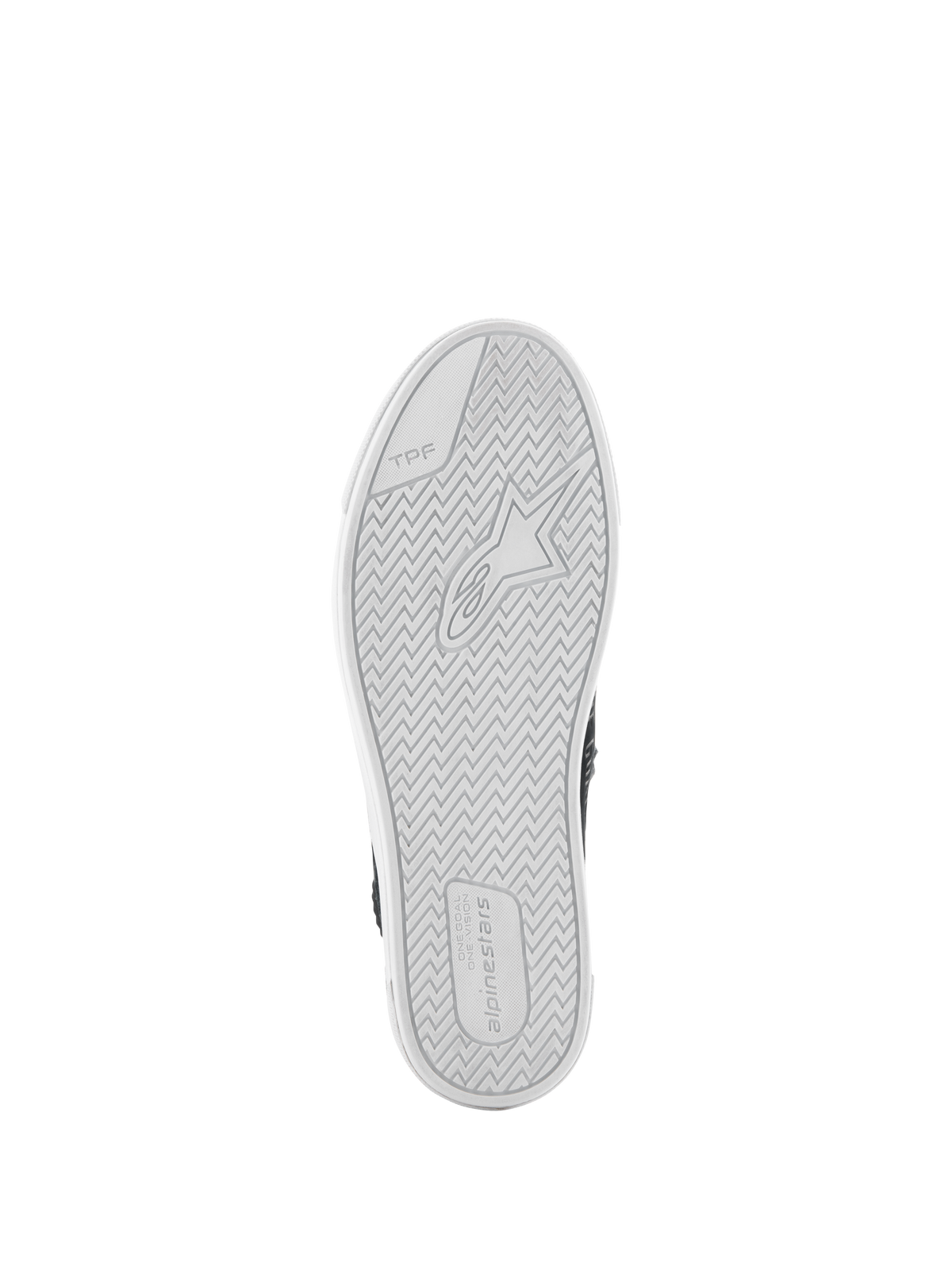 Chaussures Alpinestars Stated, vue de dessous, semelle extérieure en caoutchouc vulcanisé blanc, motif à chevrons avec logo Alpinestars et marquage TPF, chaussures de moto urbaines