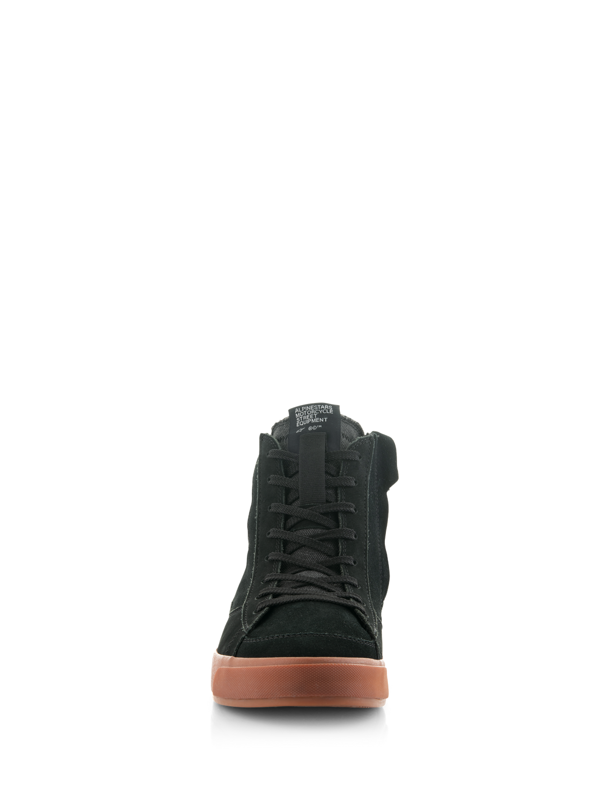 Chaussures Alpinestars Stated, chaussures de moto urbaines, Black Gum, vue de face présentant une tige en nubuck et suède noir, lacets classiques et semelle en gomme texturée, chaussures de protection inspirées du skate