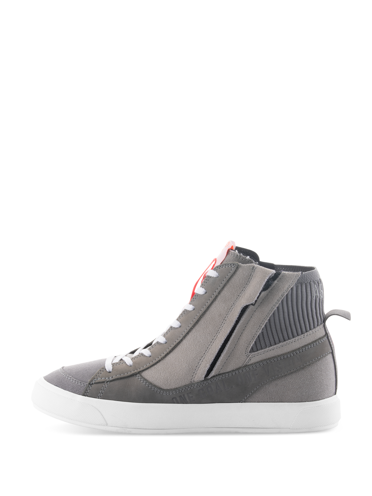 Alpinestars Stated Schoenen, urban motorschoenen in lichtgrijs, fluo rood en wit, hoog retro sneakerontwerp met bovenwerk van grijs suède en canvas, zijritssluiting en witte gevulkaniseerde zool