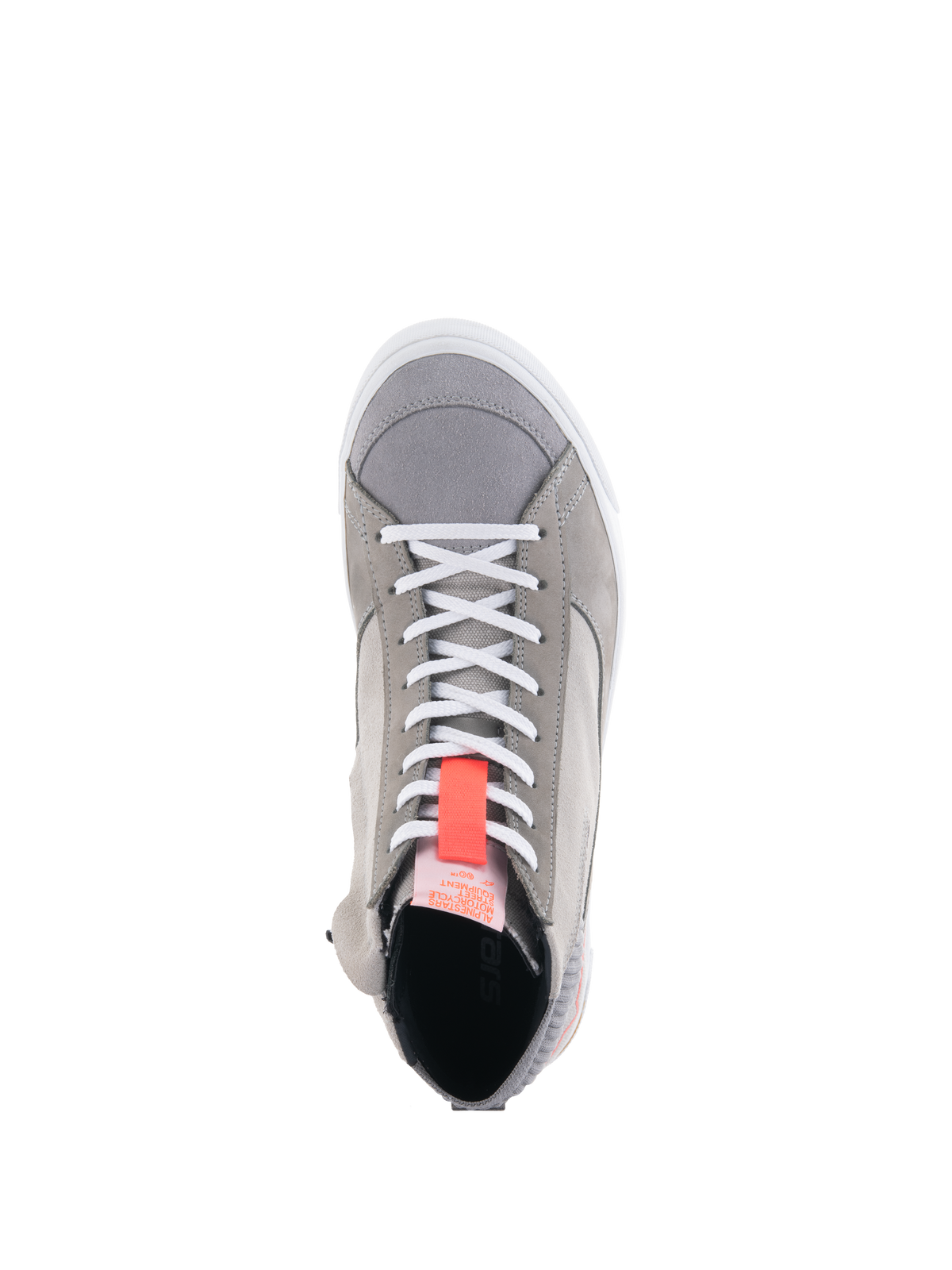 Alpinestars Stated Shoes, lichtgrijze motorsneakers, bovenaanzicht met witte veters en een felrode fluo treklus, urban streetstyle met suède en nubuck materialen, witte gevulkaniseerde zoolrand