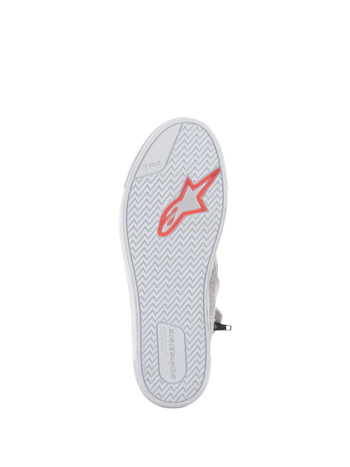 Alpinestars Stated Shoes, urban motorrijdschoenen, lichtgrijs en wit, onderaanzicht van de gevulkaniseerde rubberen zool met een fluo rood sterlogo, visgraatprofiel voor grip, TPF-markering en Alpinestars branding op de hiel