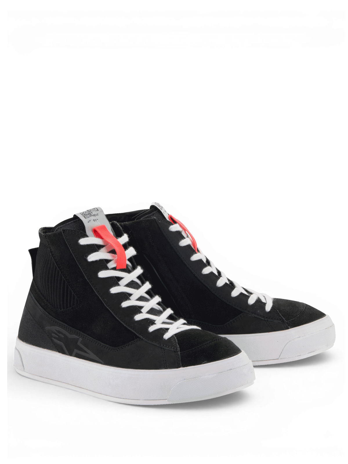 Alpinestars Stella Stated Podium Schoenen, zwarte urban motorlaarzen voor dames, skate-stijl met witte zool, CE-gecertificeerd.