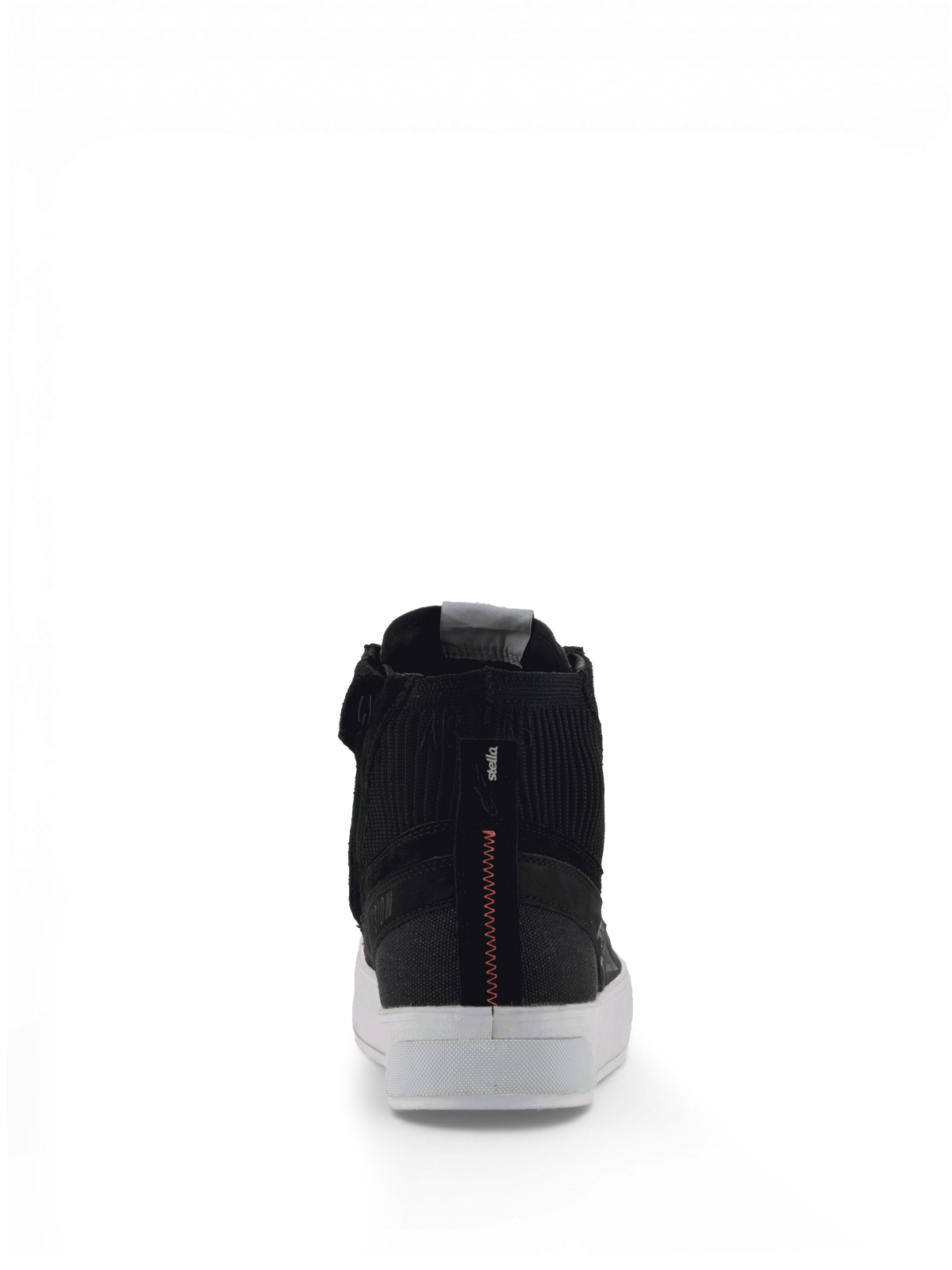 Alpinestars Stella Stated Podium schoenen, urban damesmotorlaarzen, zwart en wit met rood hielstiksel, achteraanzicht.
