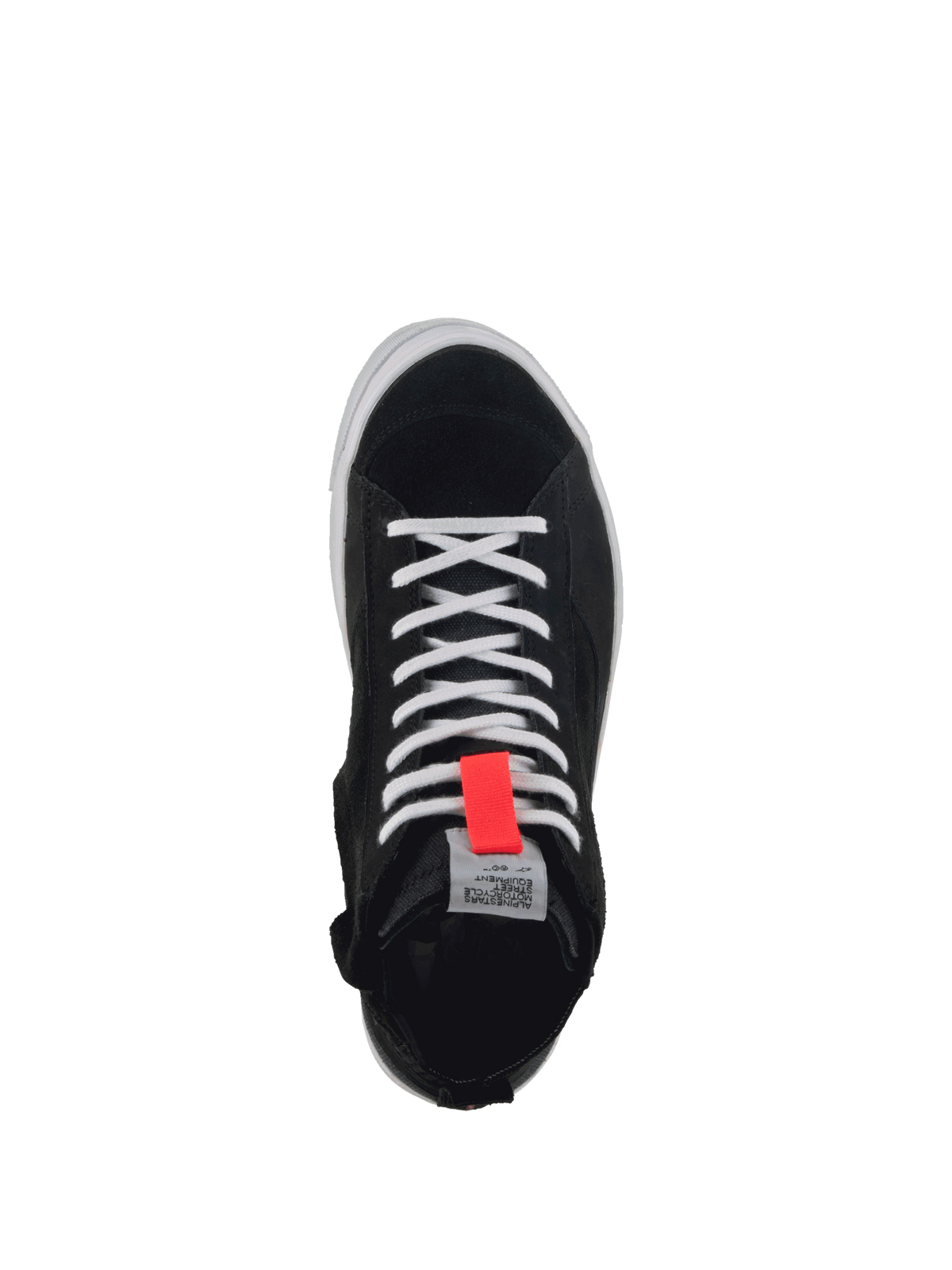 Alpinestars Stella Stated Podium damesmotorlaarzen, zwart en wit met rood detail, bovenaanzicht van splitsuède en canvas.