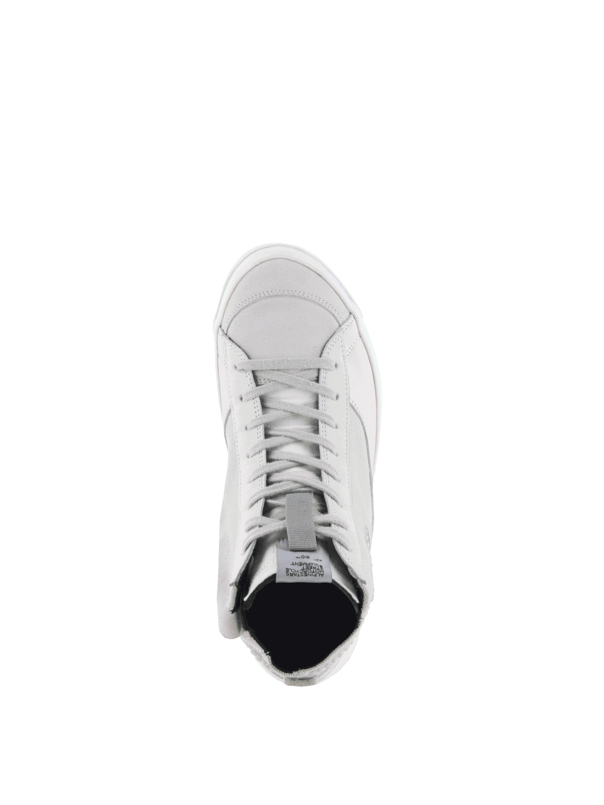 Alpinestars Stella Stated Podium Schuhe, Damen-Motorradschuhe in Weiß und Grau, Draufsicht, urbaner Sneaker-Stil.