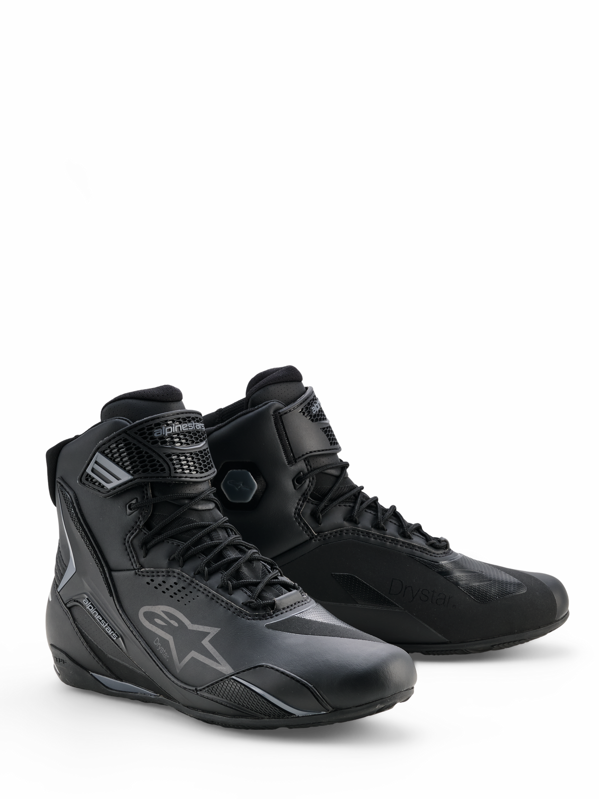 Chaussures Alpinestars Faster-4 Drystar®, chaussures de moto Noir Cool Gray, design montant avec fermeture à lacets et sangle de cheville réglable, logo étoile iconique et marquage Drystar, chaussures de sport durables et imperméables