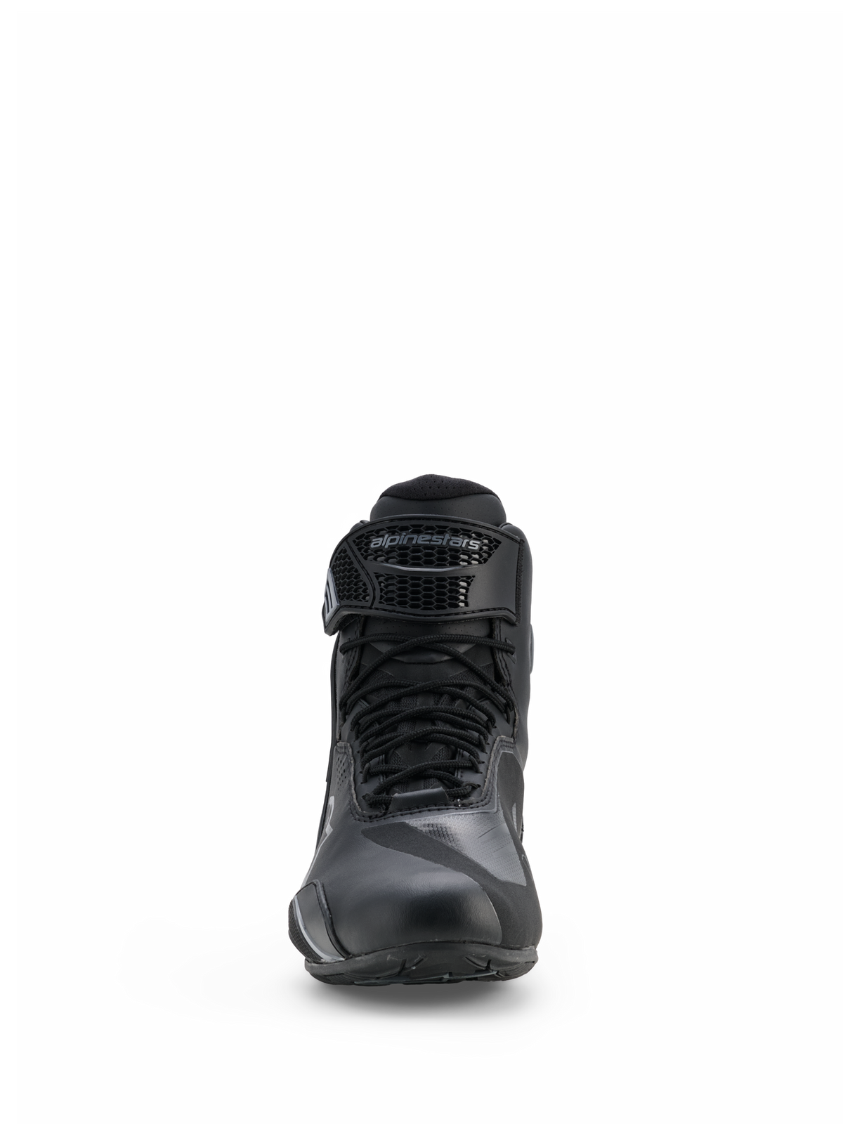 Chaussures Alpinestars Faster-4 Drystar®, chaussures de moto, noir et gris frais, vue de face avec fermeture à lacets et sangle à scratch réglable avec logo Alpinestars, design imperméable épuré pour le sport routier