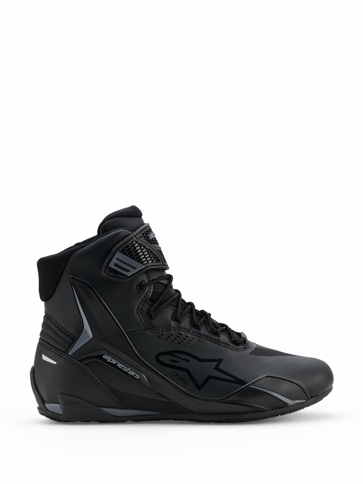 Alpinestars Chaussures Faster-4 Drystar®, chaussures de moto noir et gris froid, design montant avec fermeture à lacets et sangle de cheville à scratch, avec logo étoile Alpinestars et marquage imperméable Drystar, profil sportif élégant pour la conduite sur route