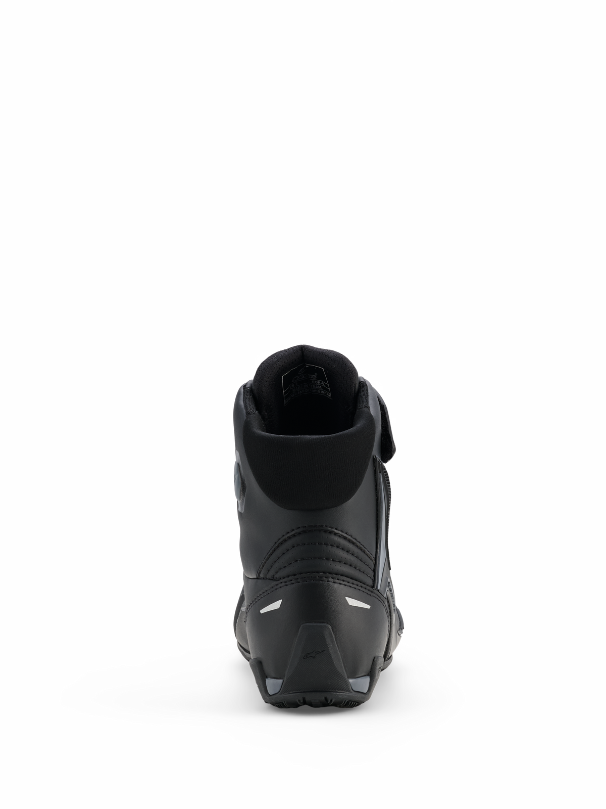 Chaussures Alpinestars Faster-4 Drystar®, chaussures de moto, noir et gris froid, vue arrière montrant le talon renforcé, le col rembourré et les détails réfléchissants, construction en microfibre imperméable pour la conduite sportive