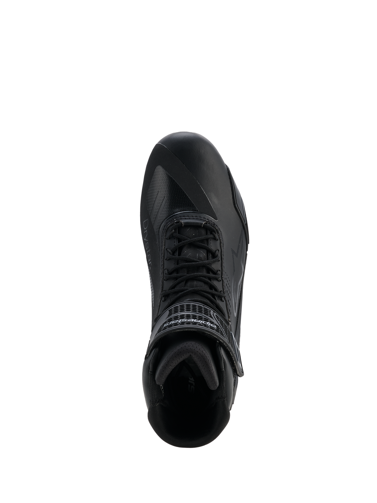Chaussures Alpinestars Faster-4 Drystar®, Noir Cool Gray, vue de dessus d'une chaussure de moto avec fermeture à lacets et sangle de cheville à scratch, construction en microfibre sans couture avec logo Drystar®, profil athlétique pour une conduite sur route protectrice