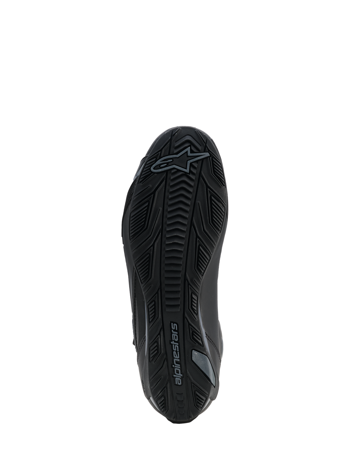 Chaussures Alpinestars Faster-4 Drystar®, Noir Cool Gray, vue de dessous montrant la semelle en caoutchouc texturé avec motif d'adhérence et le logo Alpinestars, conception renforcée pour la stabilité et la traction.