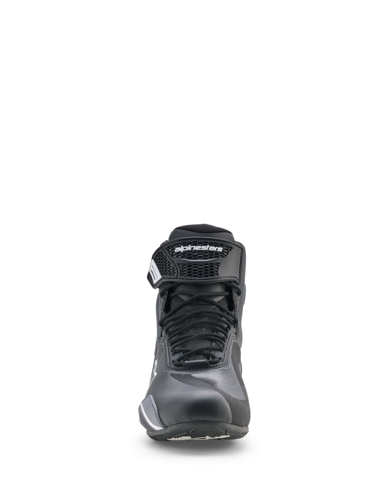 Alpinestars Faster-4 Drystar® schoenen, motorschoenen, zwart, koelgrijs en wit, vooraanzicht met vetersluiting en klittenband enkelband, sportief laag profiel voor weggebruik
