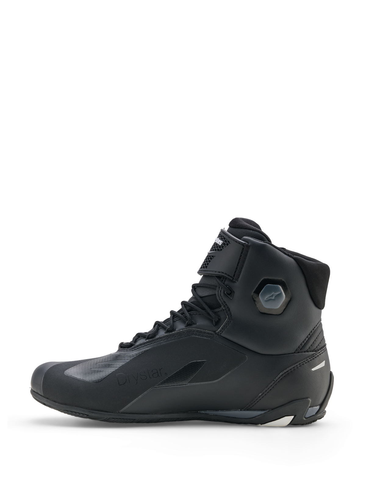 Alpinestars Faster-4 Drystar® schoenen, motorschoenen, zwart cool gray wit, zijaanzicht met waterdichte constructie, vetersluiting met klittenbandstrap en geïntegreerde enkelbescherming.