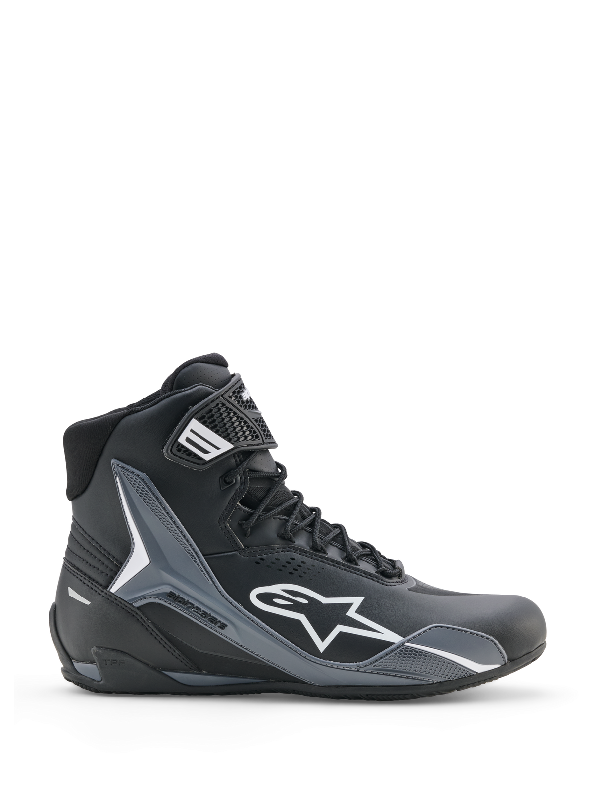 Alpinestars Faster-4 Drystar schoenen, motorschoenen, zwart, koel grijs en wit, zijaanzicht met wit Astars-logo, hoog model met versterkte beschermingspanelen, vetersluiting met enkelband, moderne sportieve stijl