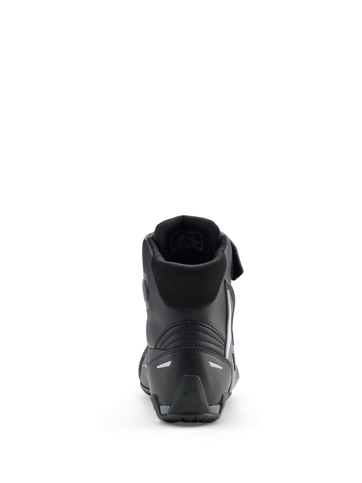 Alpinestars Faster-4 Drystar® schoenen, motorrijschoenen, zwart, koelgrijs en wit, achteraanzicht met gevoerde kraag, versterkte hiel met reflecterende accenten en getextureerde rubberen zool voor sportieve prestaties.